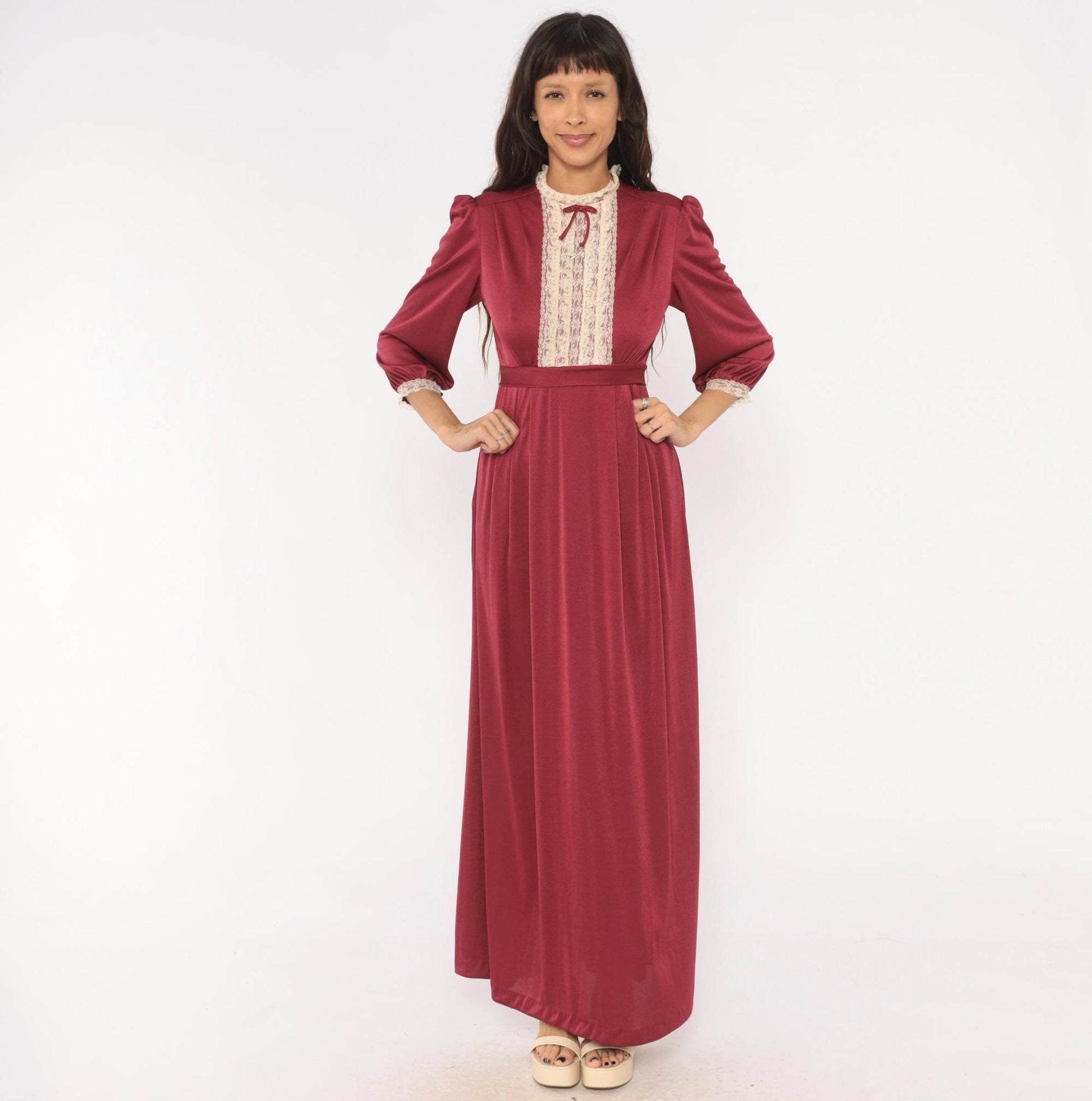 70s Burgundy Lace Bib Maxi Dress Puff Sleeve High Neck Ribbon Bow Extra Small