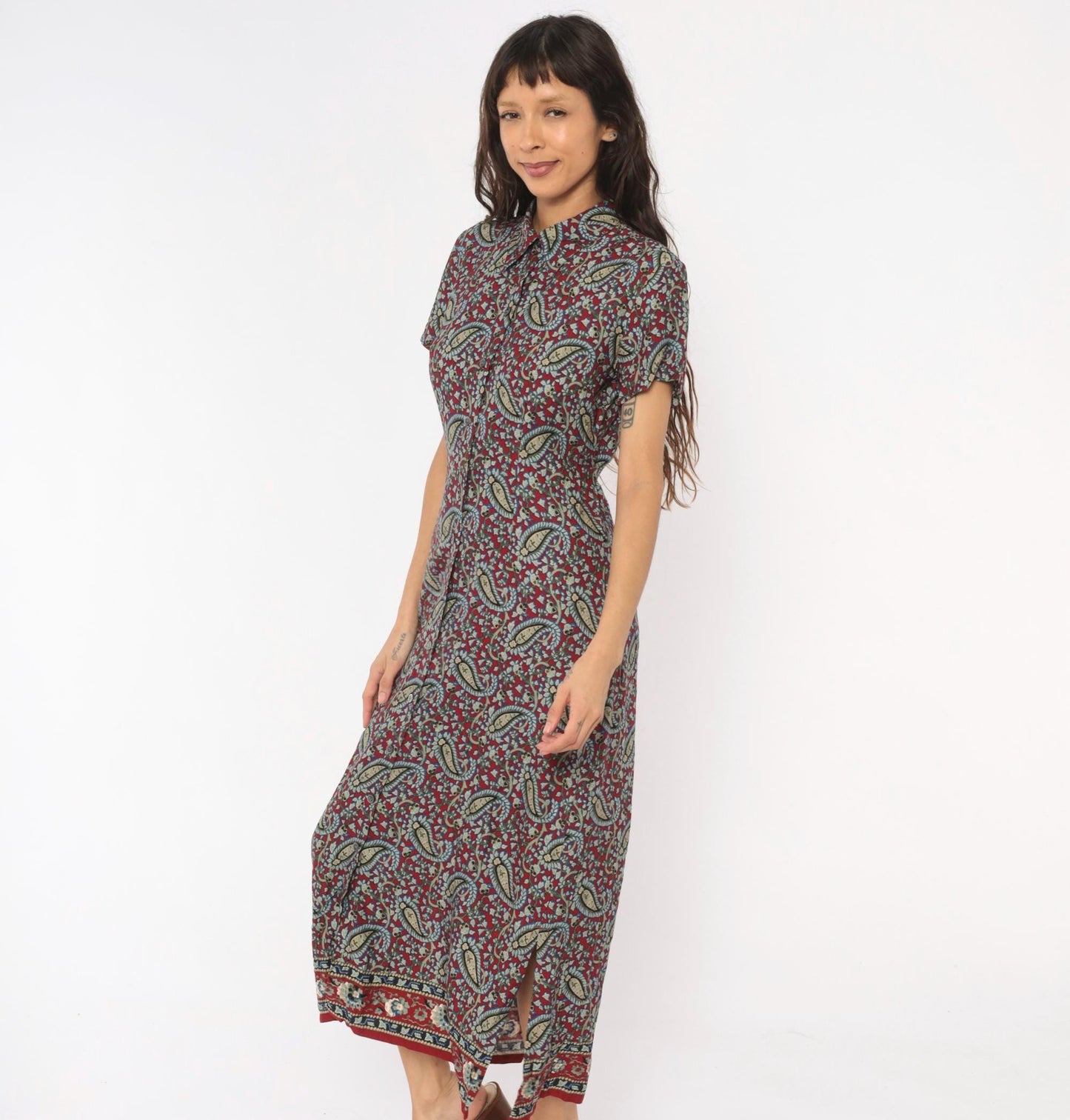 90s Crazy Horse Paisley Maxi Shirtdress Burgundy Small S