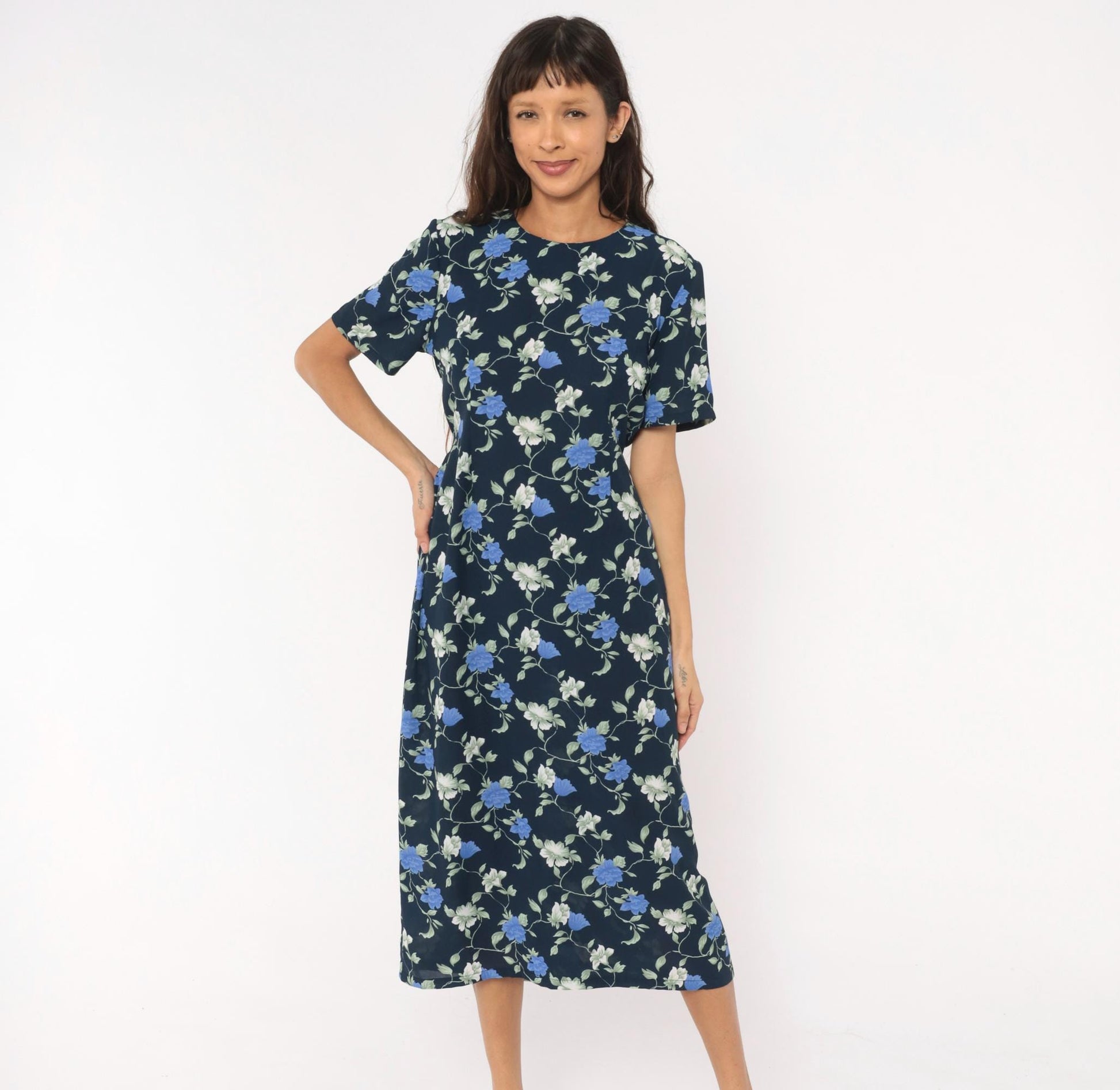 90s J.E. Fashion Floral Midi Dress Navy Blue Rose Print Short Sleeve Medium M