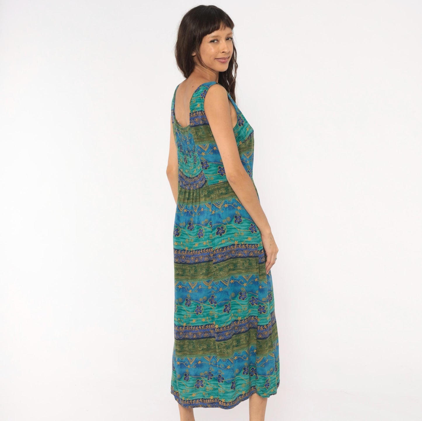 90s Tribal Floral Midi Dress Teal Blue Green Gold Tie Waist Tank Medium M