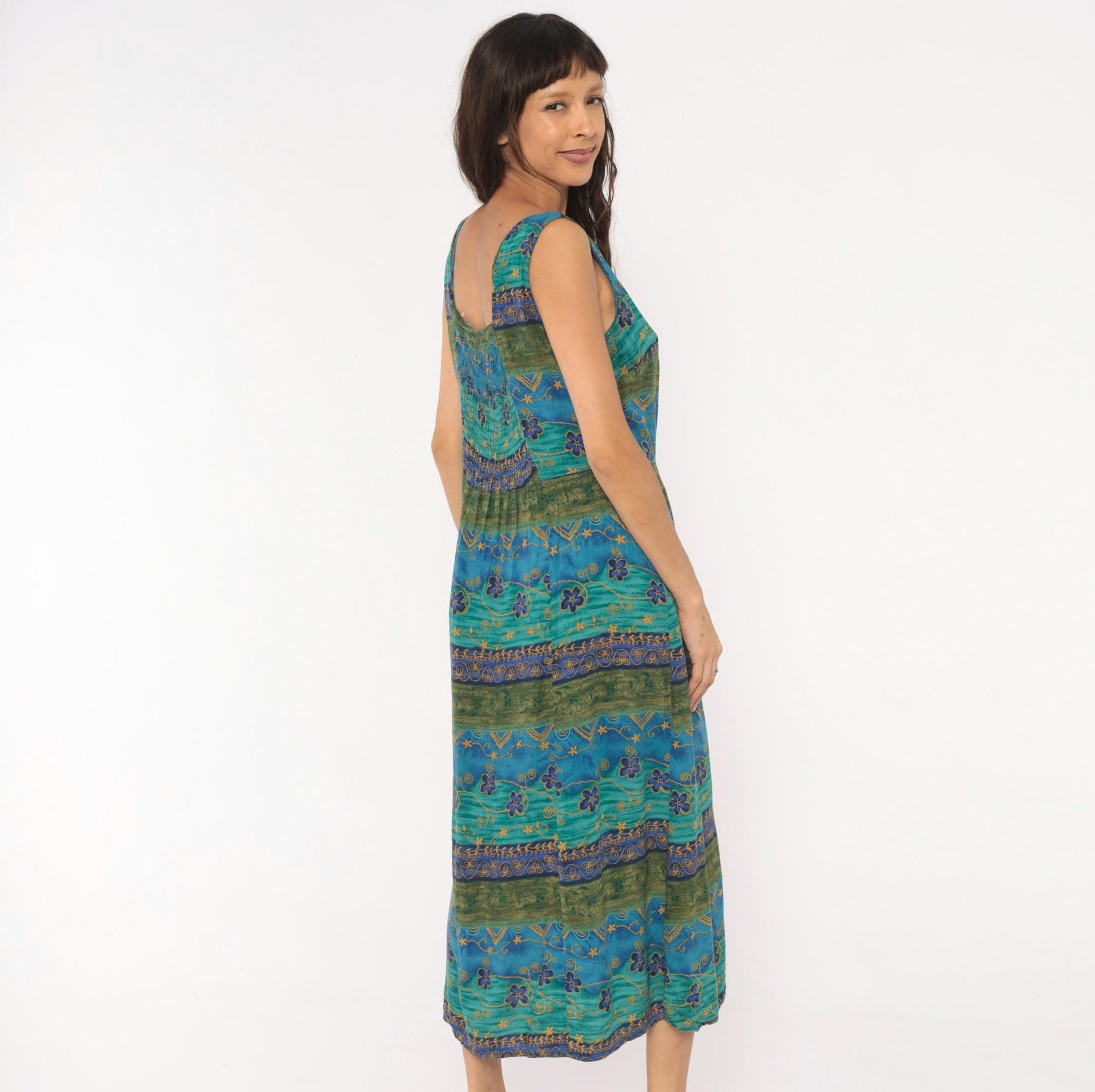 90s Tribal Floral Midi Dress Teal Blue Green Gold Tie Waist Tank Medium M