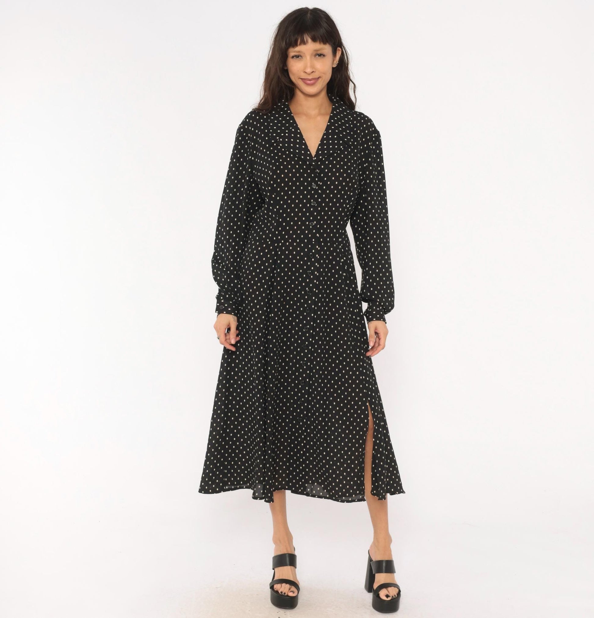 90s Liz Claiborne Polka Dot Shirt Dress Black White Midi Collar Extra Large XXL