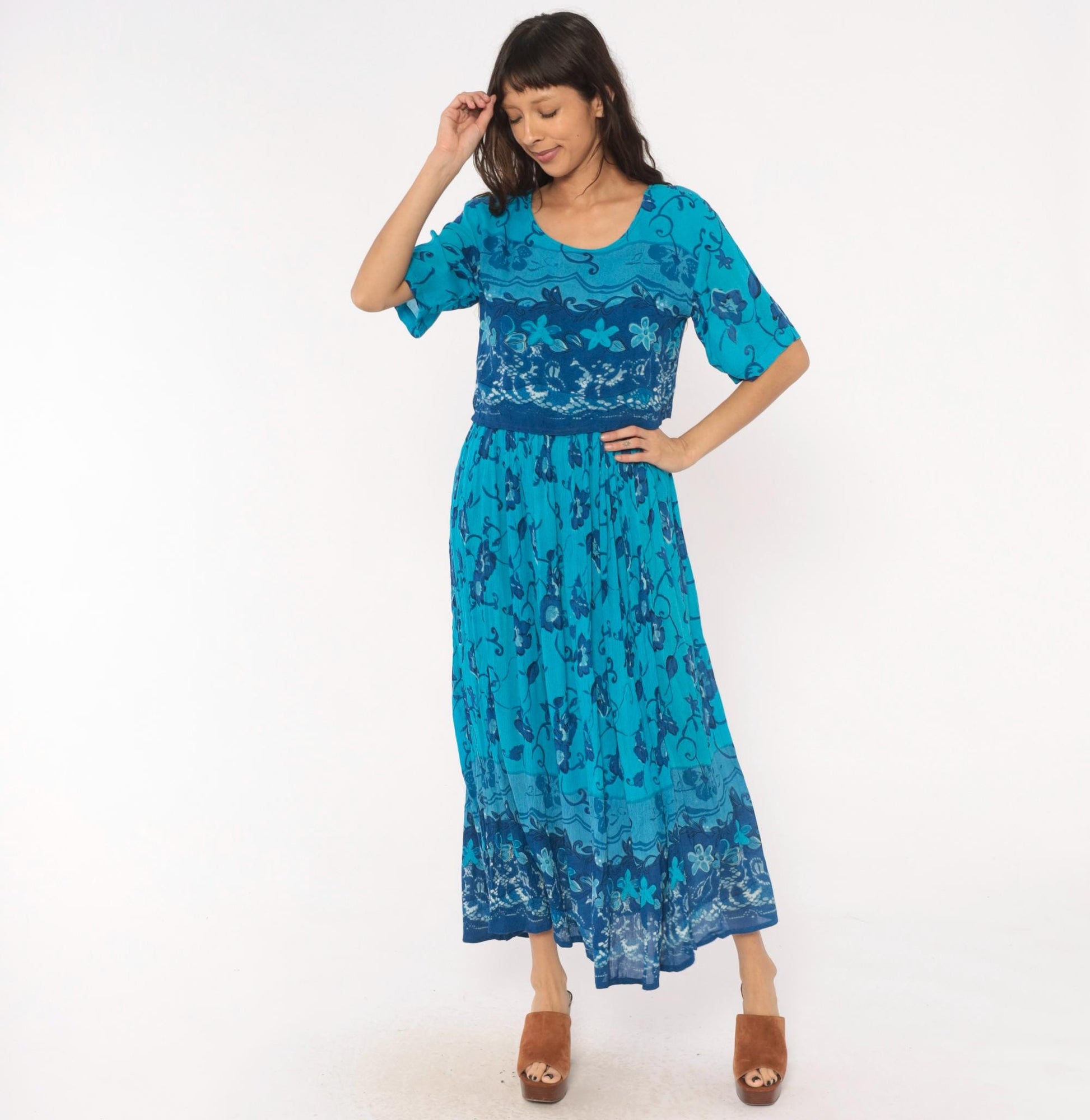 90s Style Teal Floral Maxi Dress Short Sleeve Vine Print Blue Medium M
