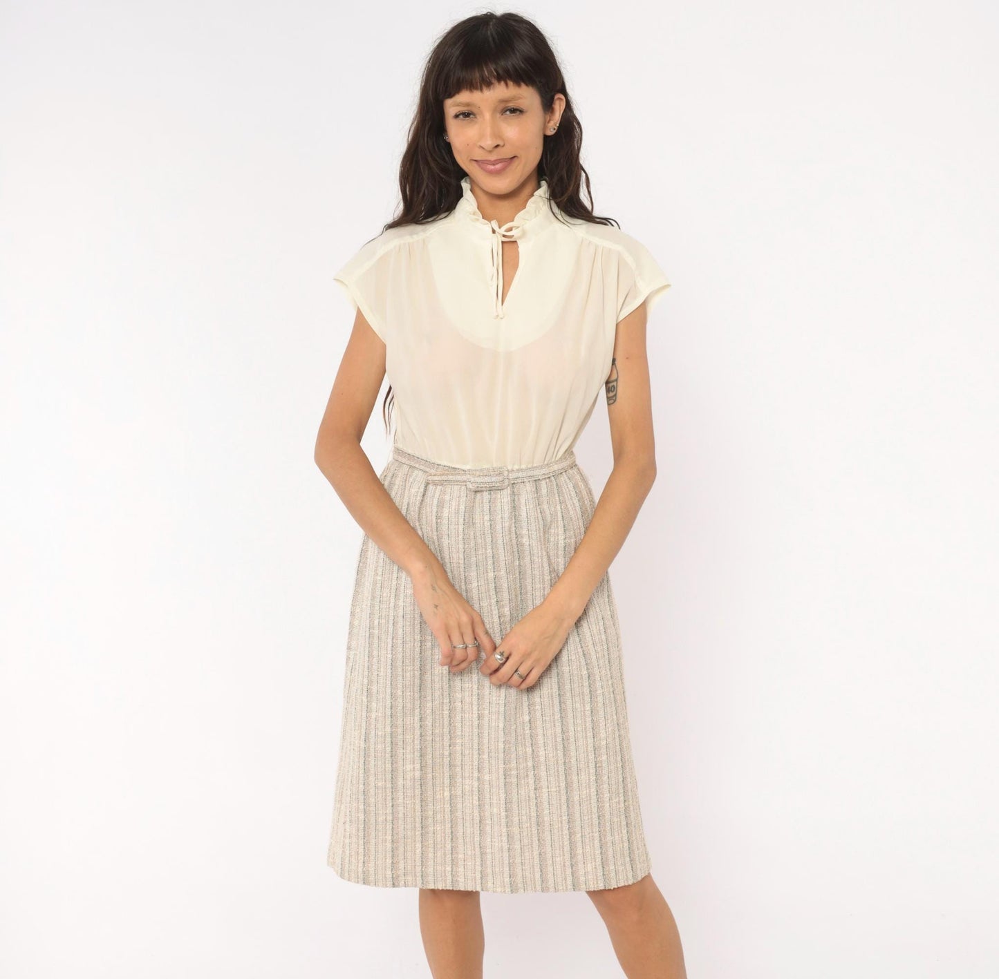 80s Berg Ray Two-Piece Set Sheer Cream Blouse Tan Tweed Skirt Medium M