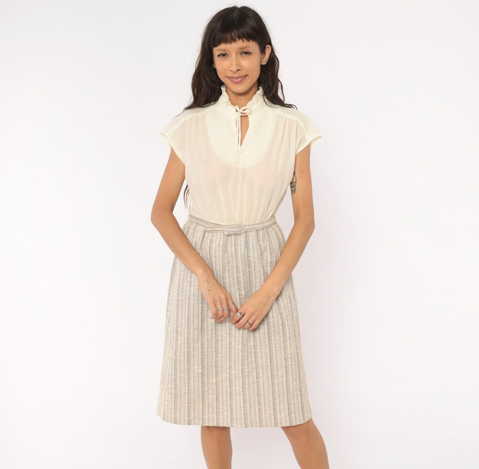 80s Berg Ray Two-Piece Set Sheer Cream Blouse Tan Tweed Skirt Medium M