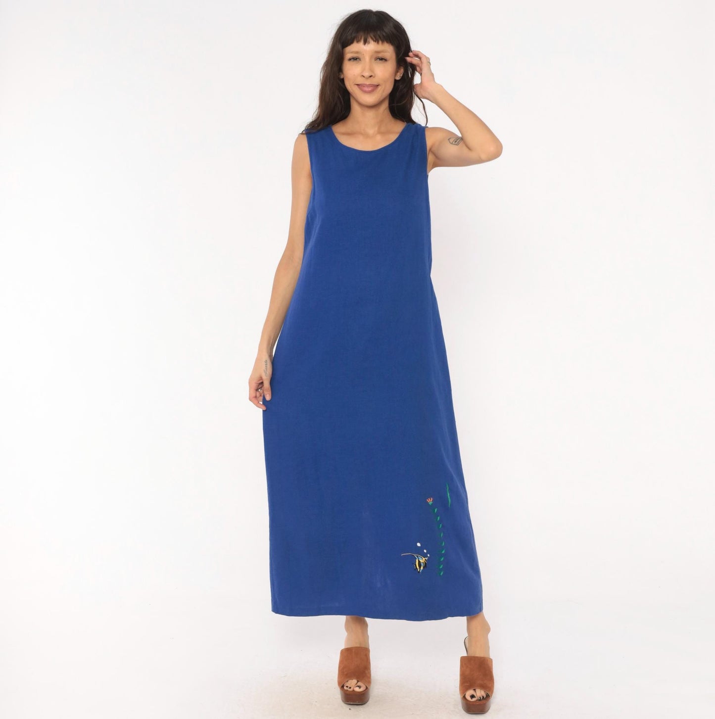 90s Ultra Dress Cobalt Linen Maxi Dress Angelfish Embroidered Medium Large