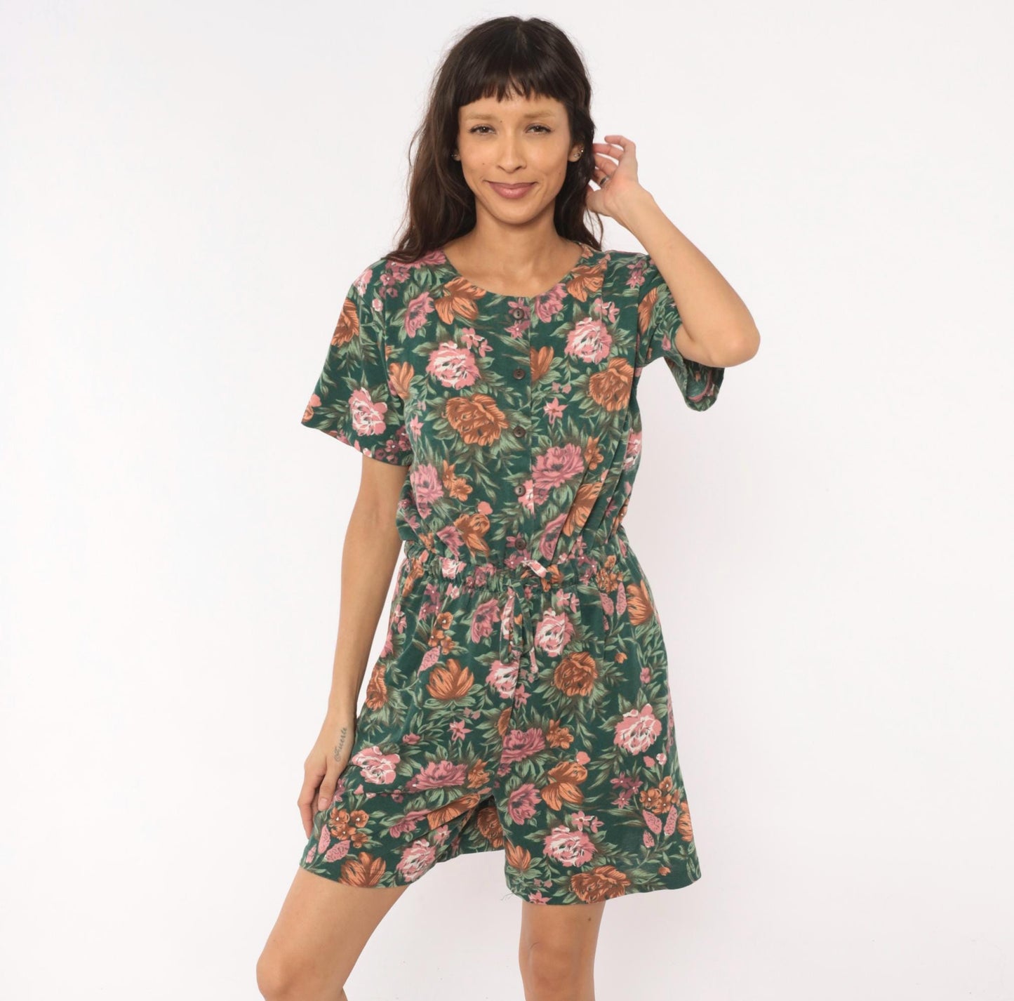 90s Shenanigans Floral Romper Green Pink Rose Drawstring Waist Medium M