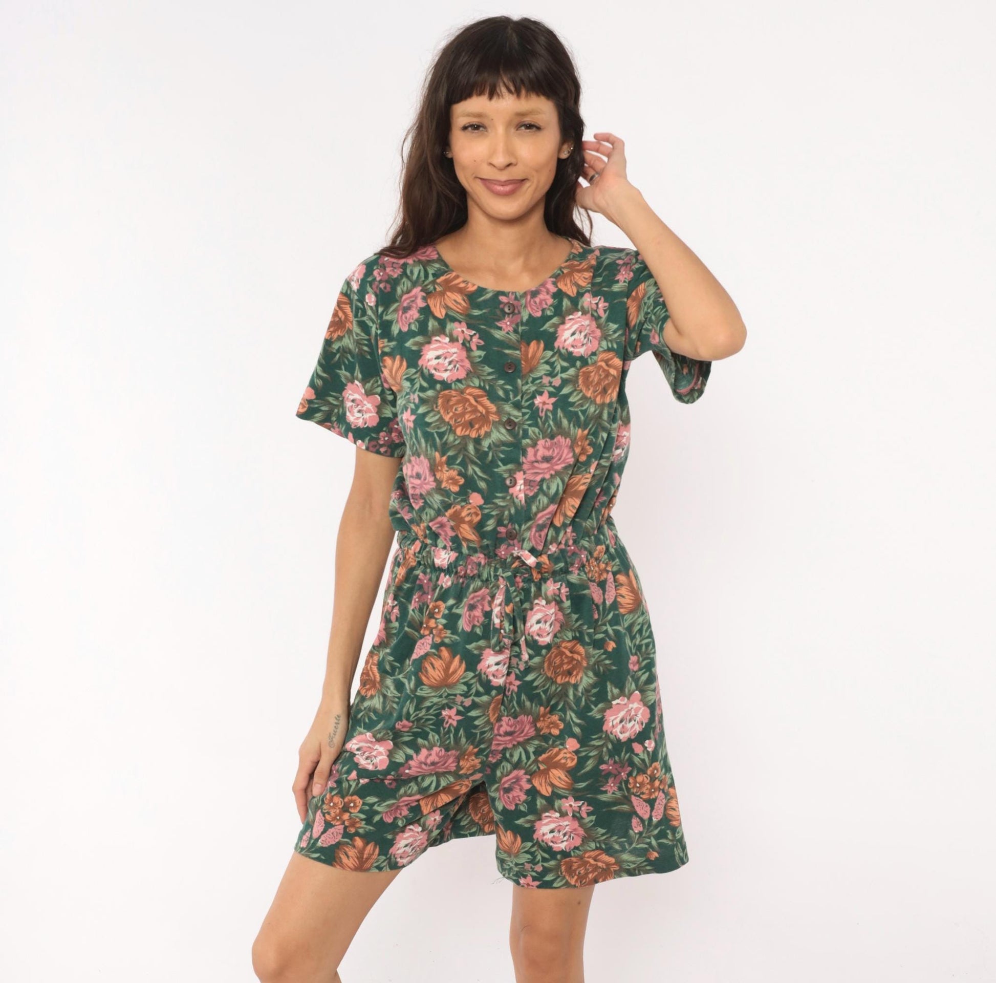 90s Shenanigans Floral Romper Green Pink Rose Drawstring Waist Medium M