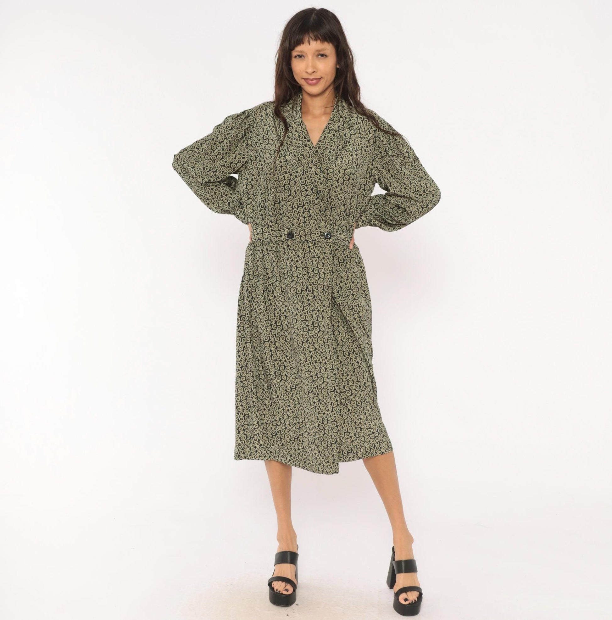 90s Liz Claiborne Navy Olive Scroll Print Midi Shirtdress Large L