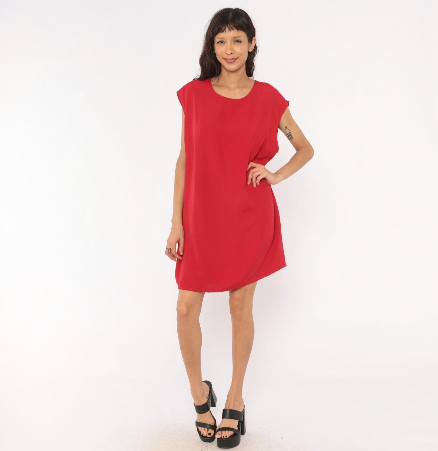 90s Red Shift Dress Cap Sleeve Knee-Length Scoop Neckline Large L