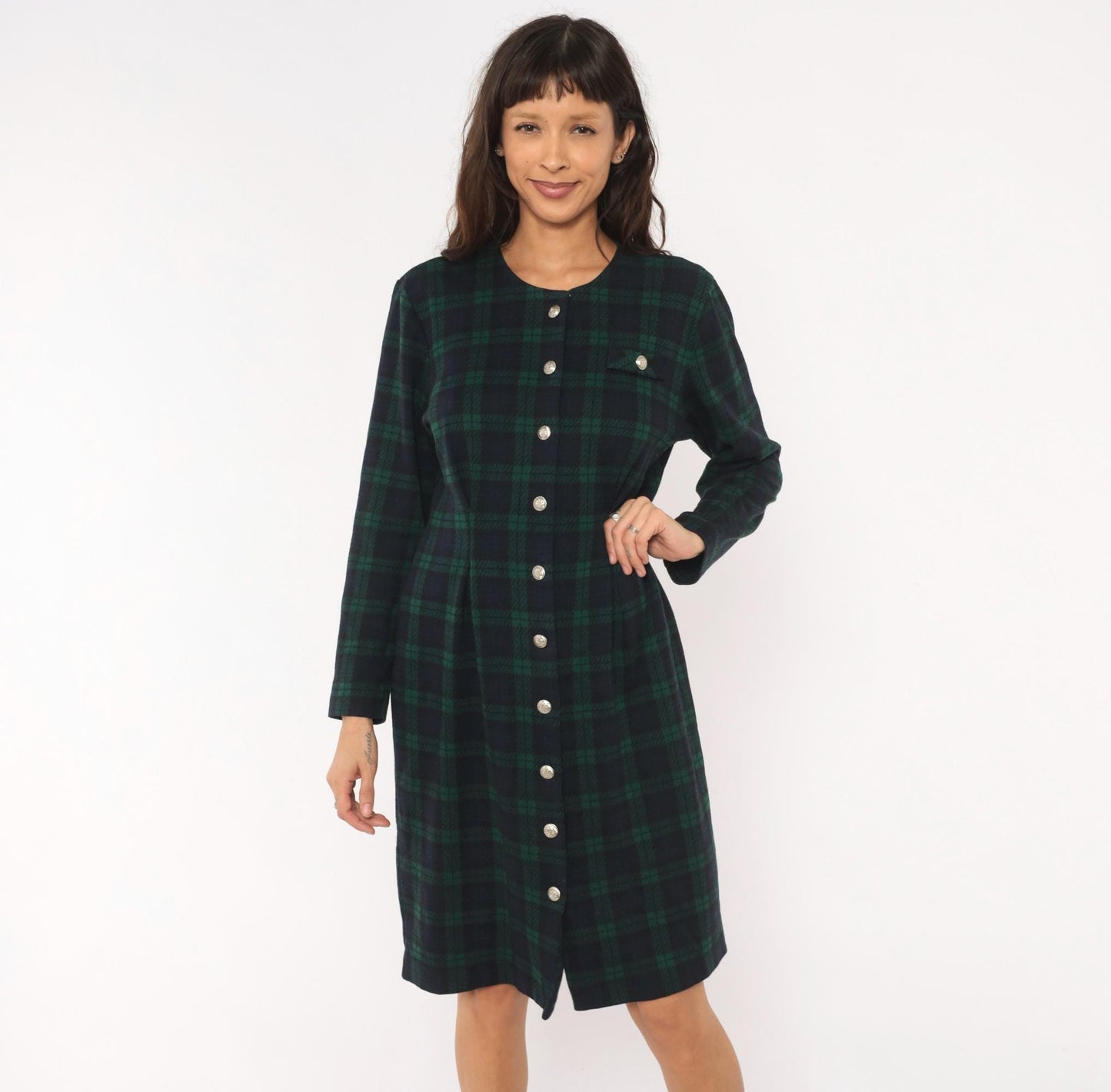 90s Miss Dorby Tartan Plaid Button-Front Shirtdress Navy Teal Cotton Large L