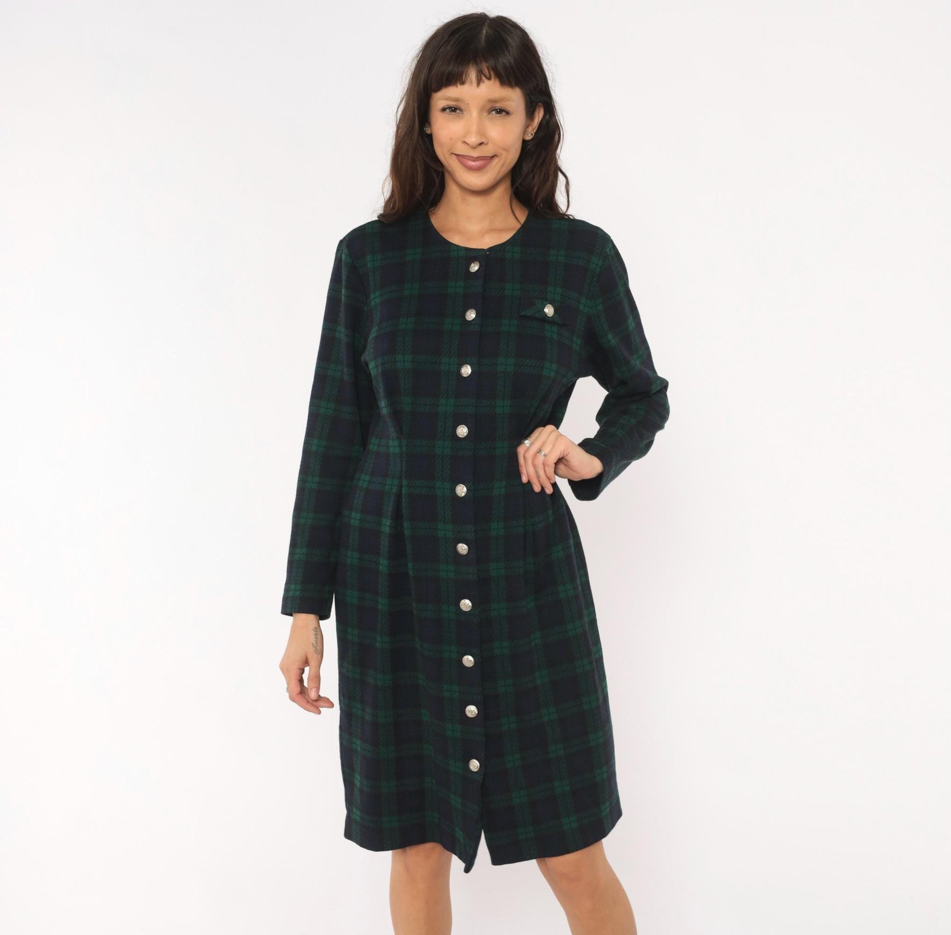 90s Miss Dorby Tartan Plaid Button-Front Shirtdress Navy Teal Cotton Large L