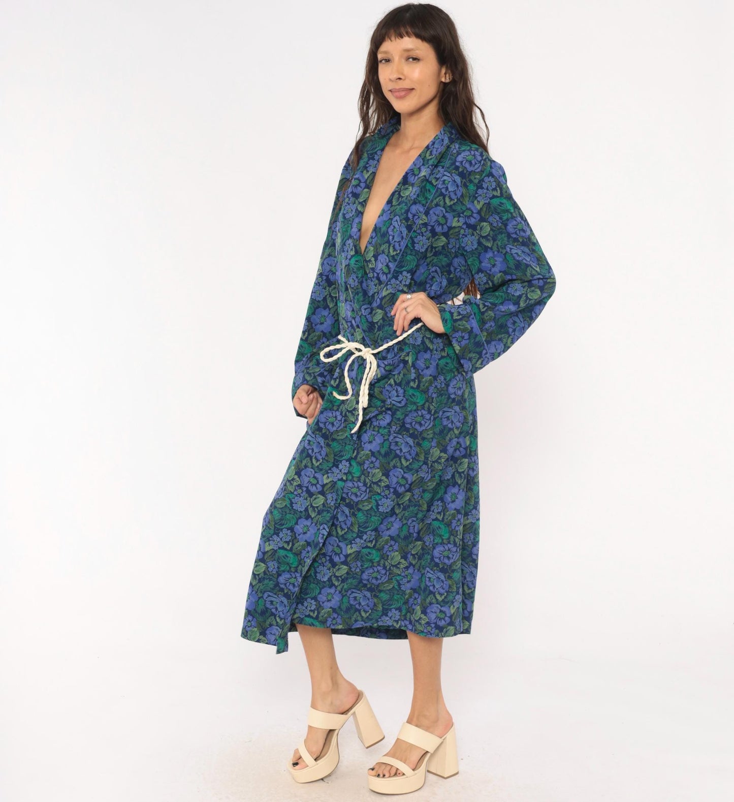 90s Cacique Floral Wrap Robe Periwinkle Navy Botanical Print Midi Large L