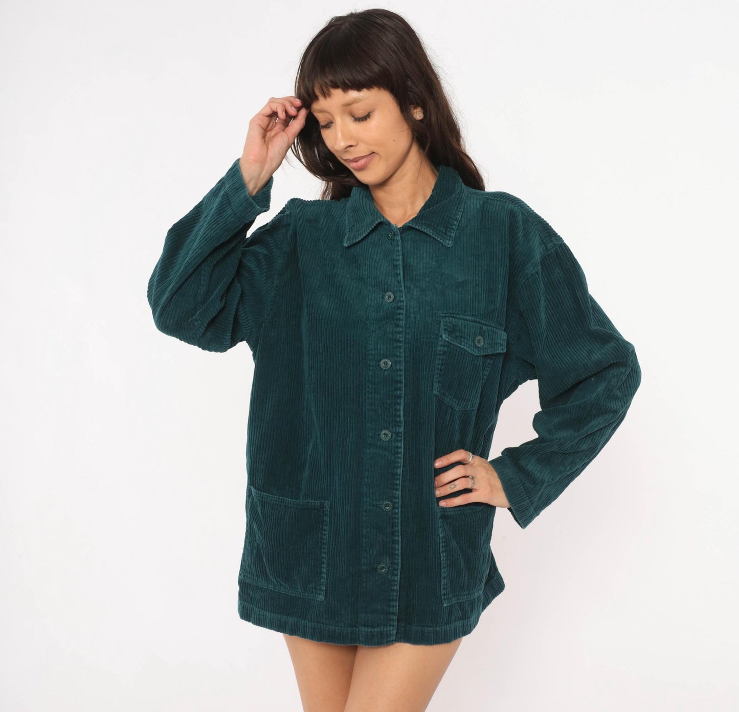 90s Teal Corduroy Shacket Wide Wale Button Front Shirt Jacket Large L