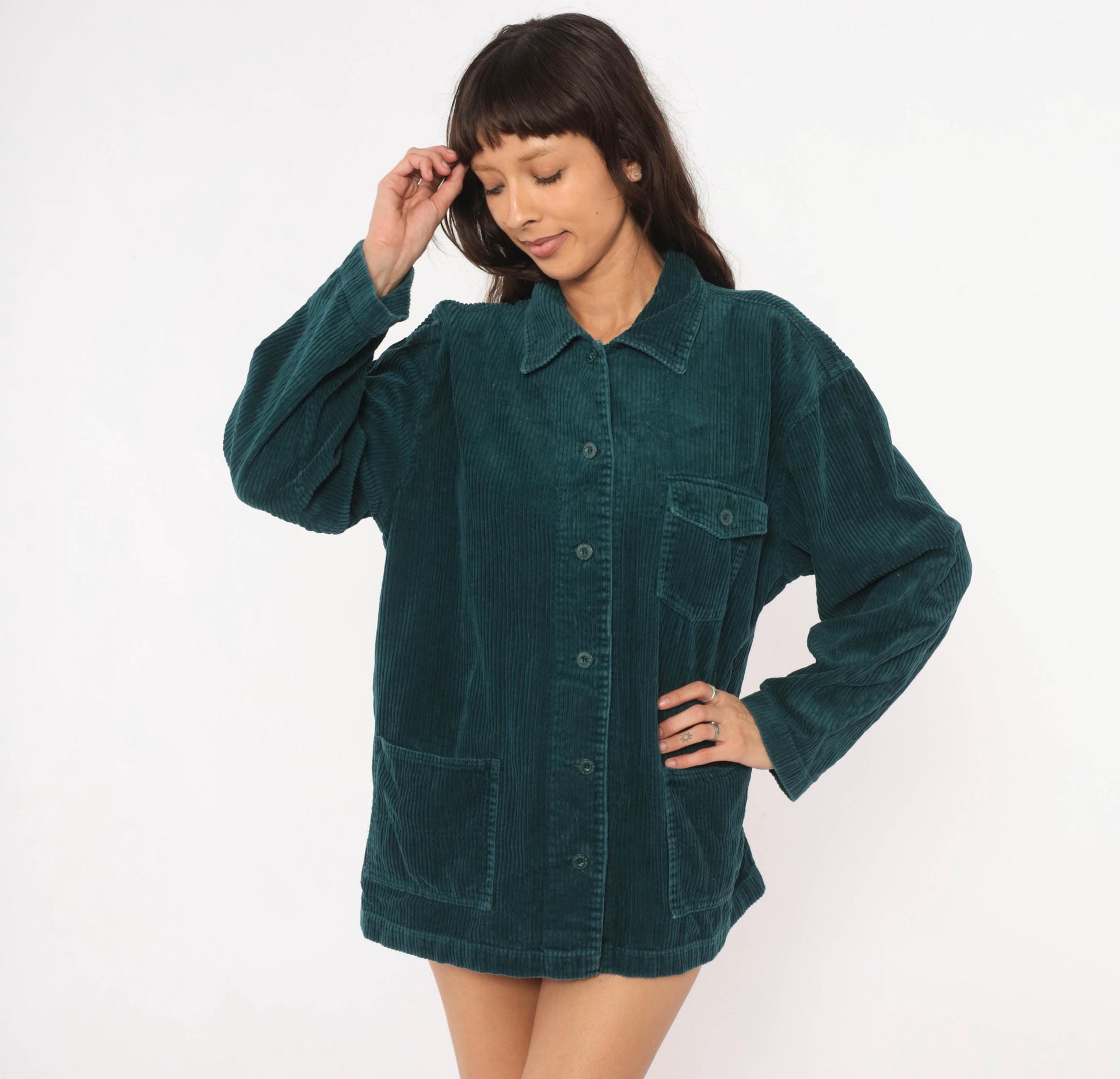 90s Teal Corduroy Shacket Wide Wale Button Front Shirt Jacket Large L