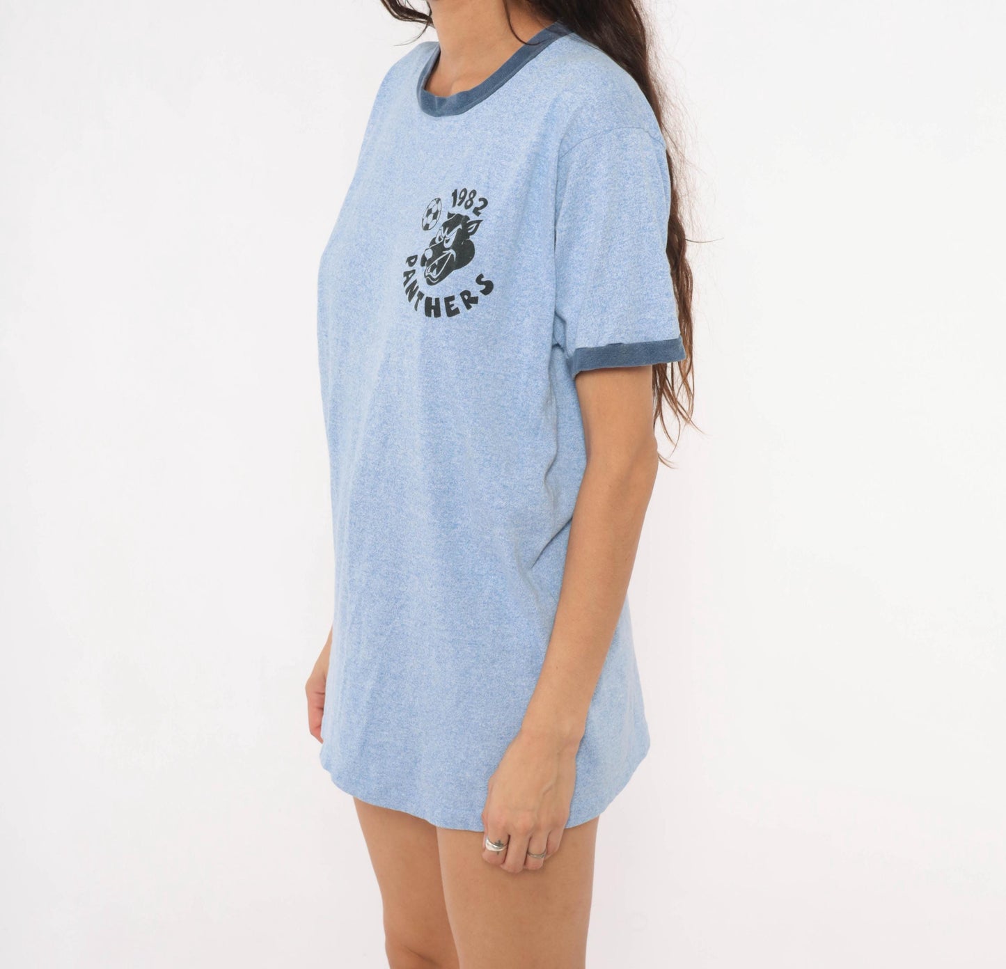 1982 Panthers Soccer Ringer Tee Blue Heather Navy Trim Graphic Large