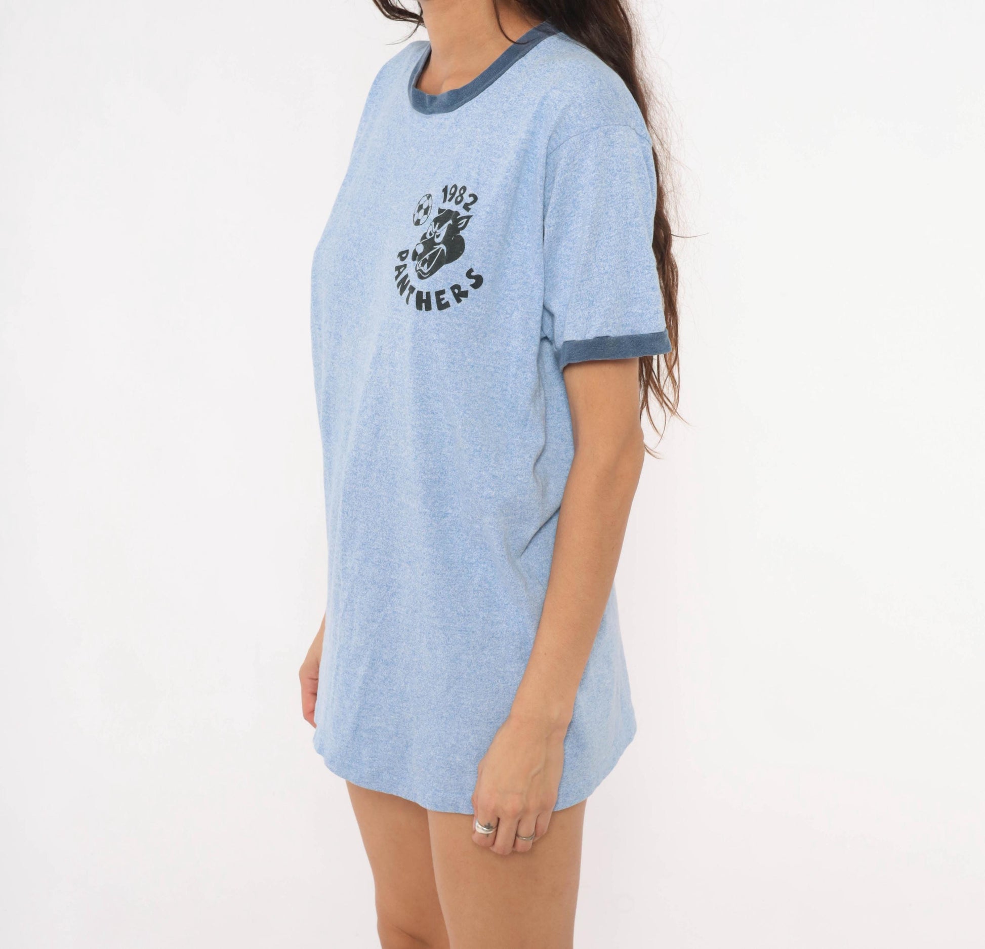 1982 Panthers Soccer Ringer Tee Blue Heather Navy Trim Graphic Large