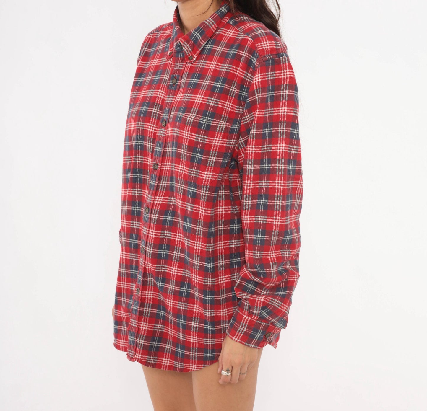 2000s Eddie Bauer Red Plaid Flannel Shirt Cotton Button-Up Large L
