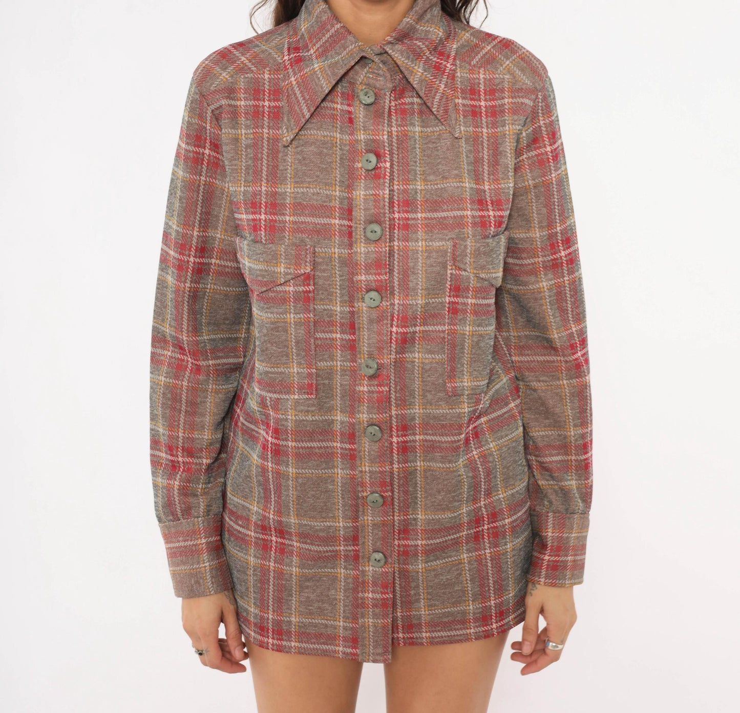 70s Plaid Shirt Jacket Grey Red Pointed Collar Button Front Medium