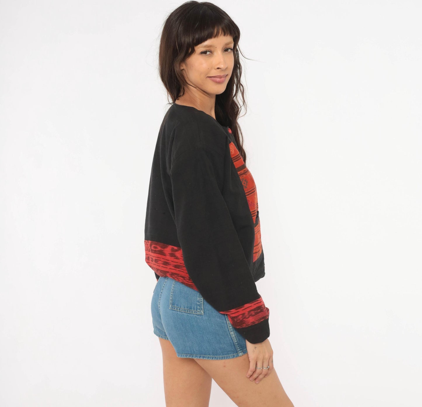 90s Black Cotton Ikat Woven Jacket Red Geometric Folk Art Medium M