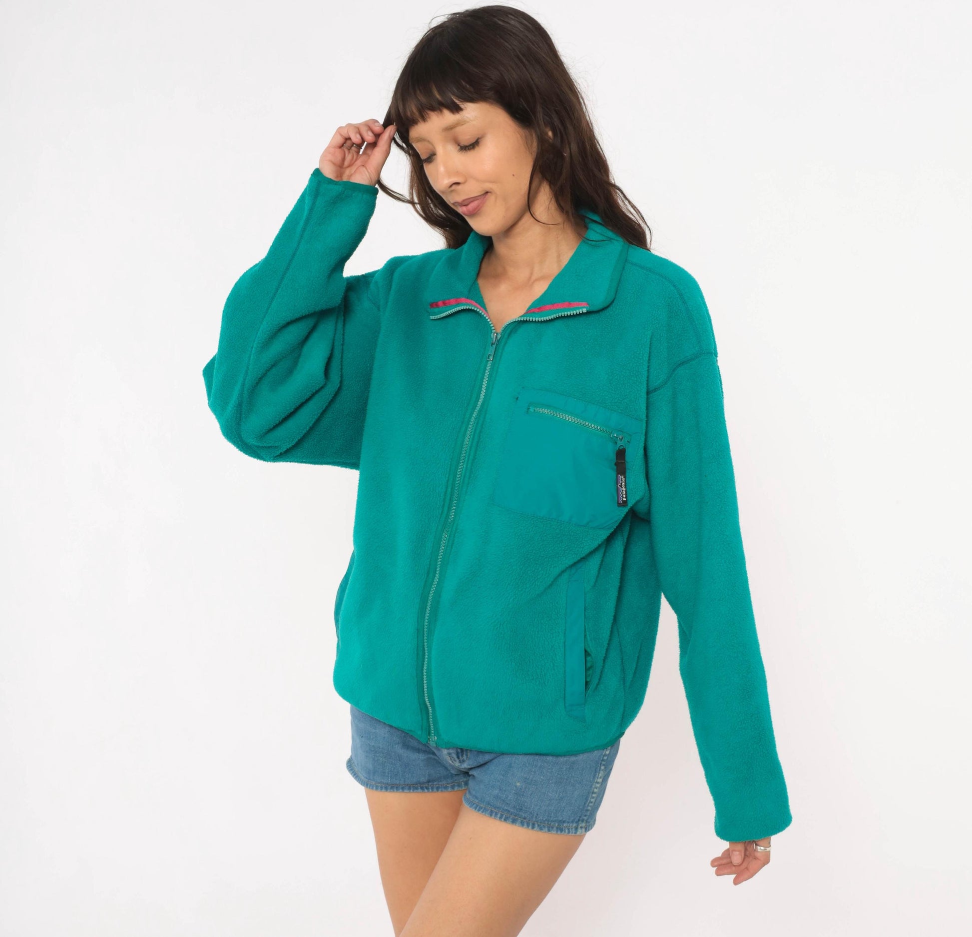 90s Patagonia Teal Fleece Full Zip Jacket Pink Trim Large L