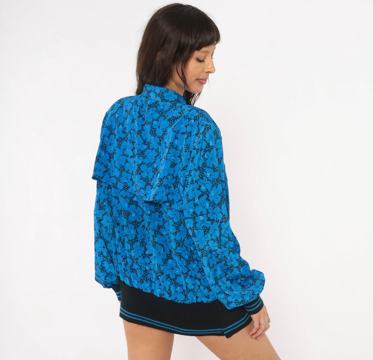 80s B.G.B.Ltd. Floral Bomber Blouse Cobalt Blue Black Mandarin Collar Large L