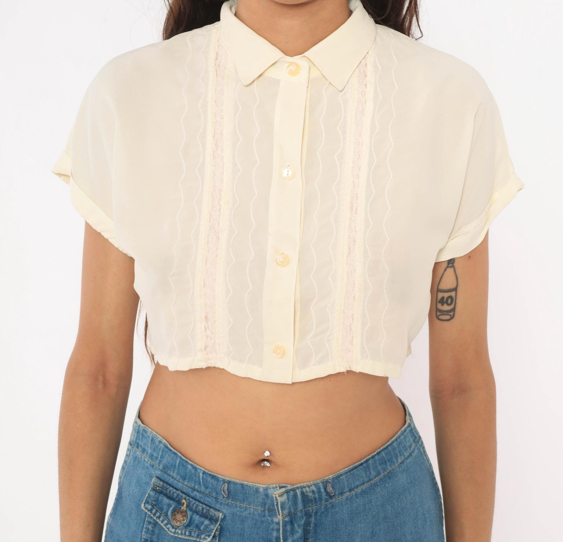 70s Caraco California Cream Crop Top Lace Pintuck Button Front Small