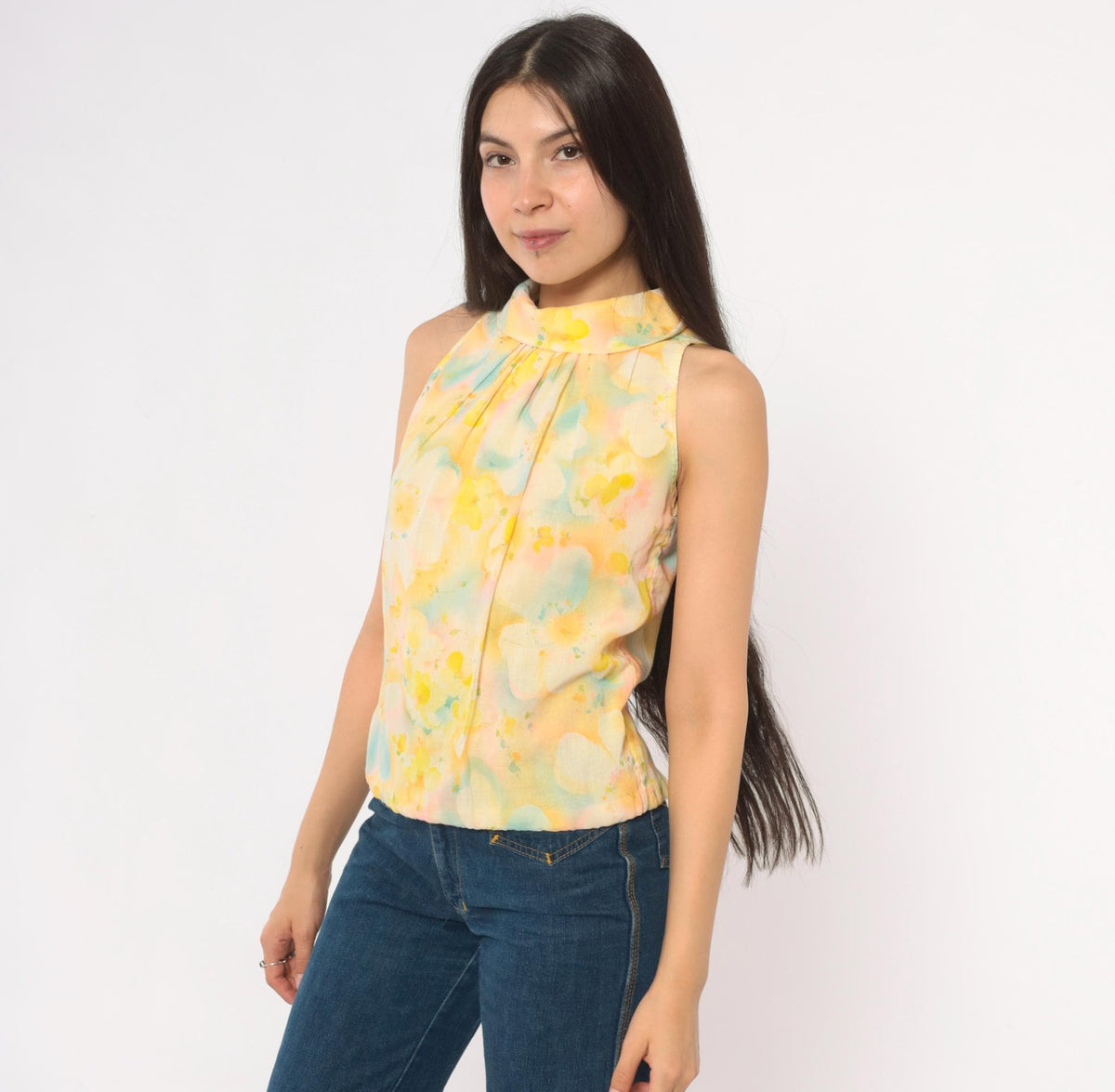 70s Watercolor Floral Sleeveless Blouse Yellow Pink Blue Cotton Mock Neck Extra Small