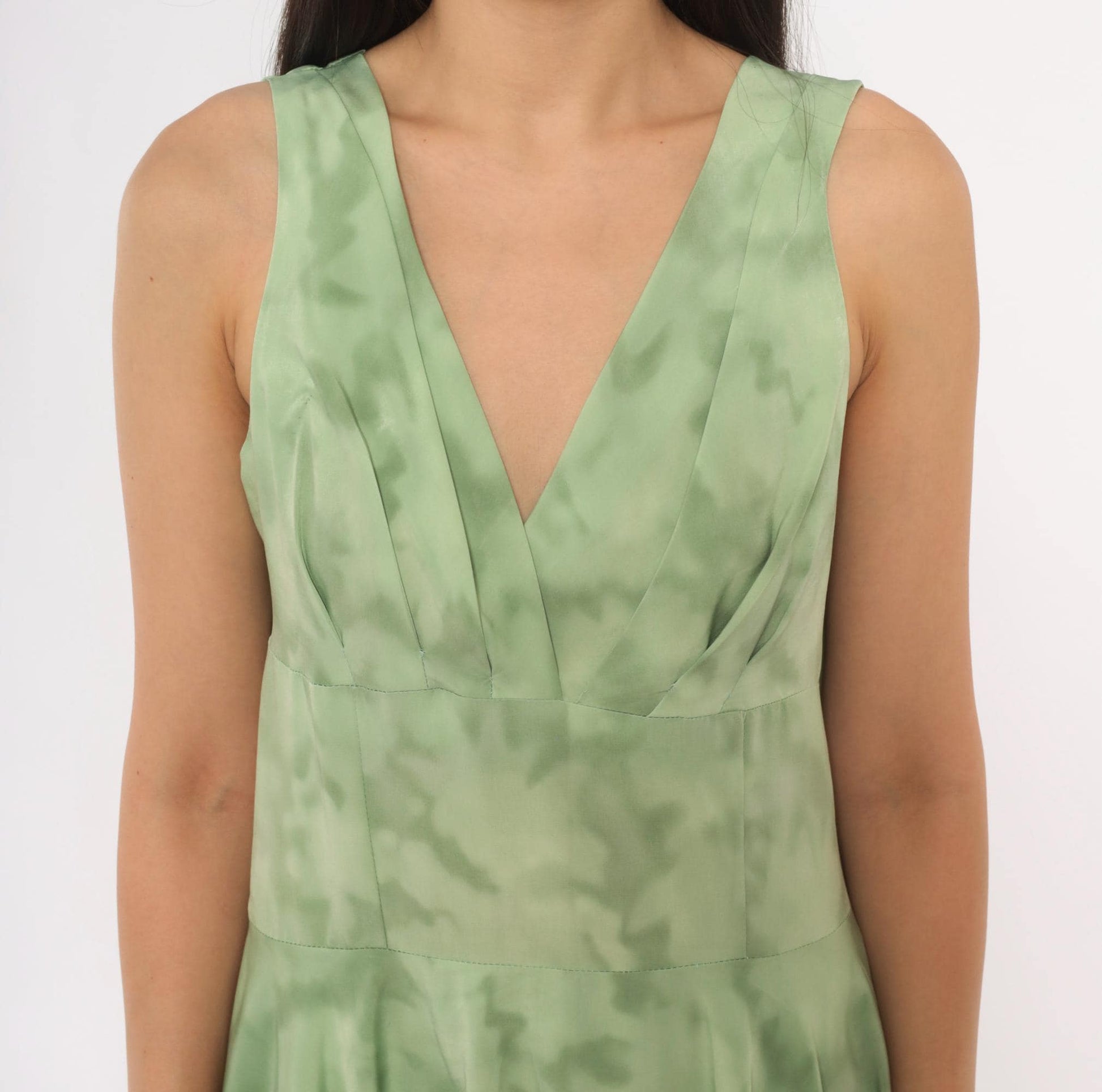 80s Sage Mint Tie Dye Sleeveless V-Neck Dress Pleated Knee Length Large