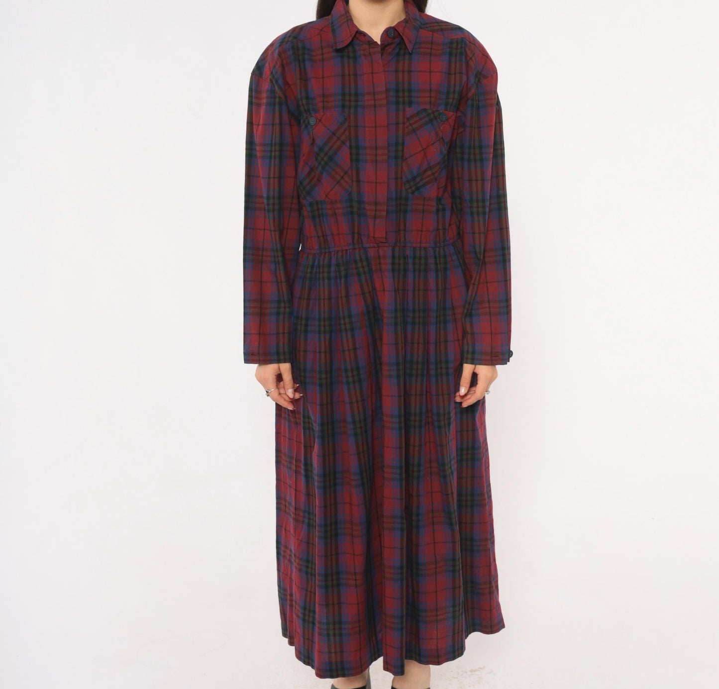 80s Dépèche Mode Plaid Maxi Dress Burgundy Navy Cotton Shirt Collar Medium