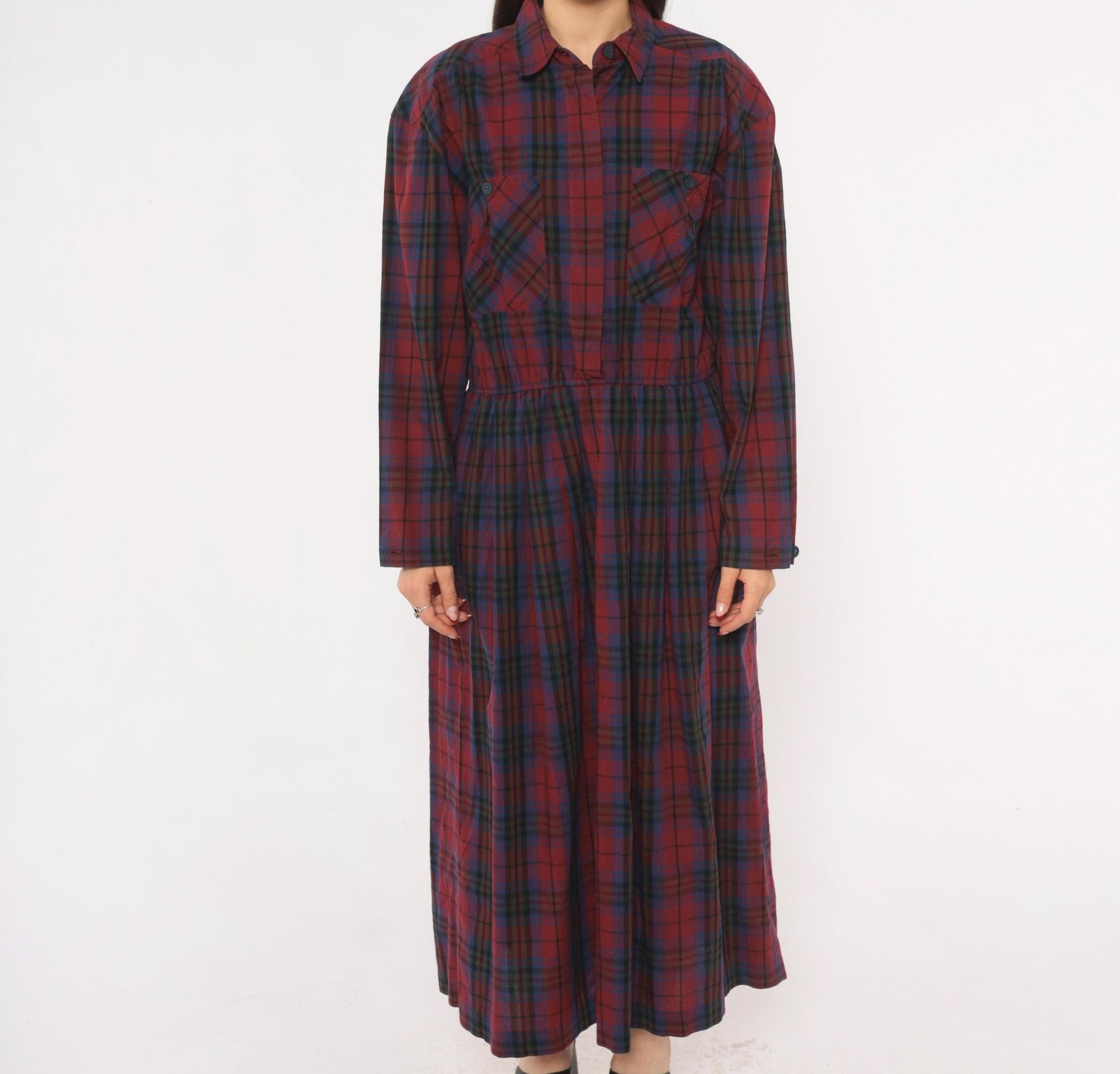 80s Dépèche Mode Plaid Maxi Dress Burgundy Navy Cotton Shirt Collar Medium
