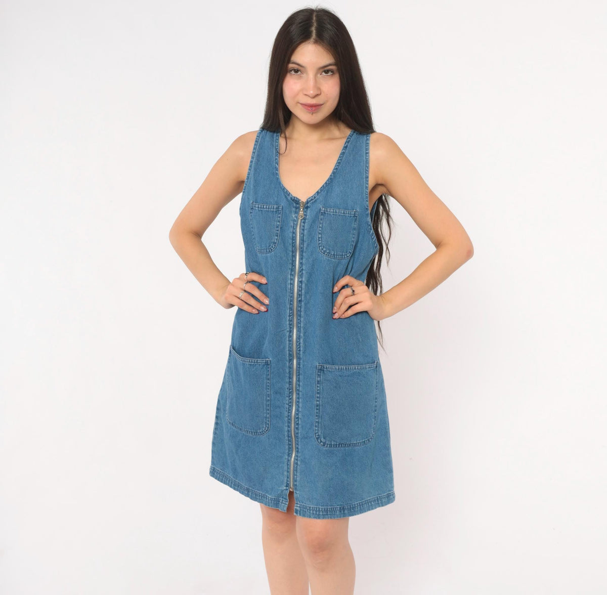90s Premier Denim Jumper Dress Zip Front Mini Blue Cotton Medium M
