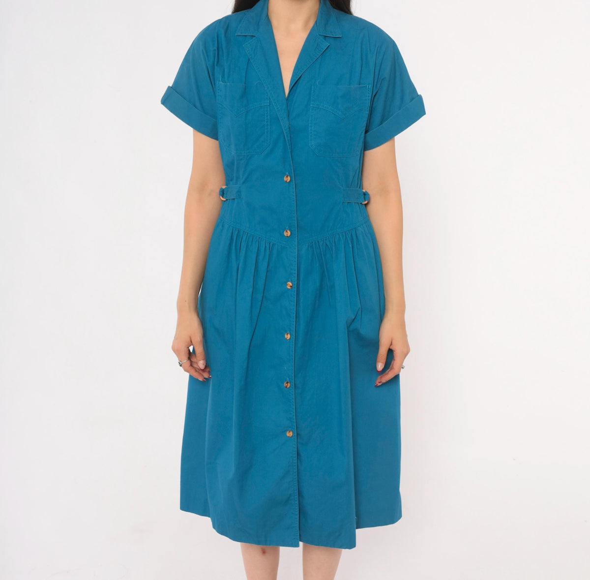 80s Sasson Teal Cotton Midi Shirtdress Gathered Waist Belt Extra Small XS