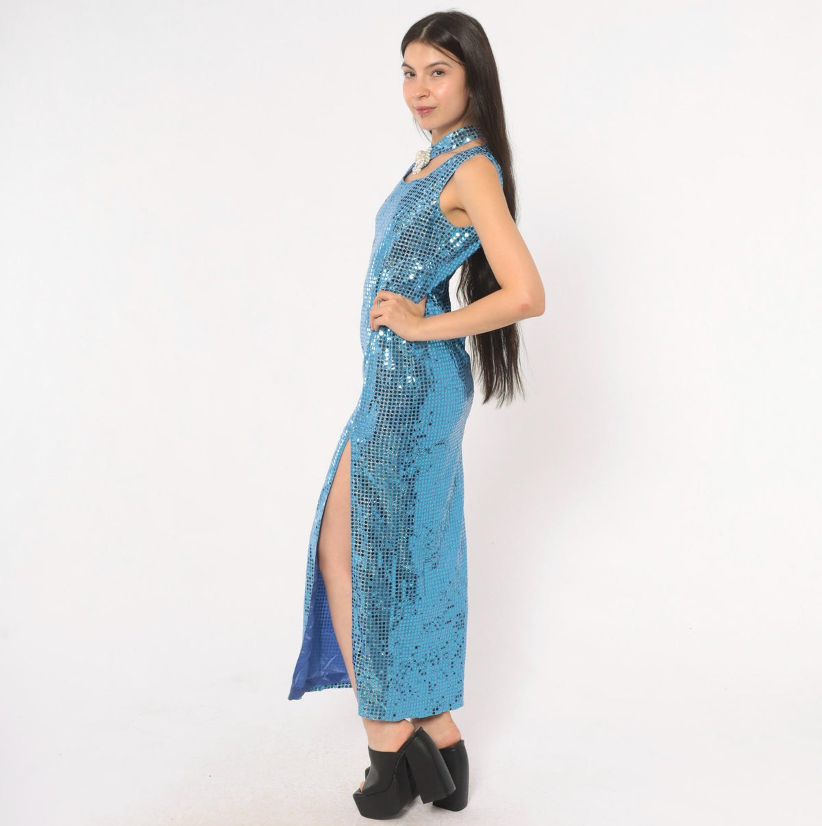 80s Ice Blue Sequin Maxi Dress Choker Neck Keyhole Sleeveless Small