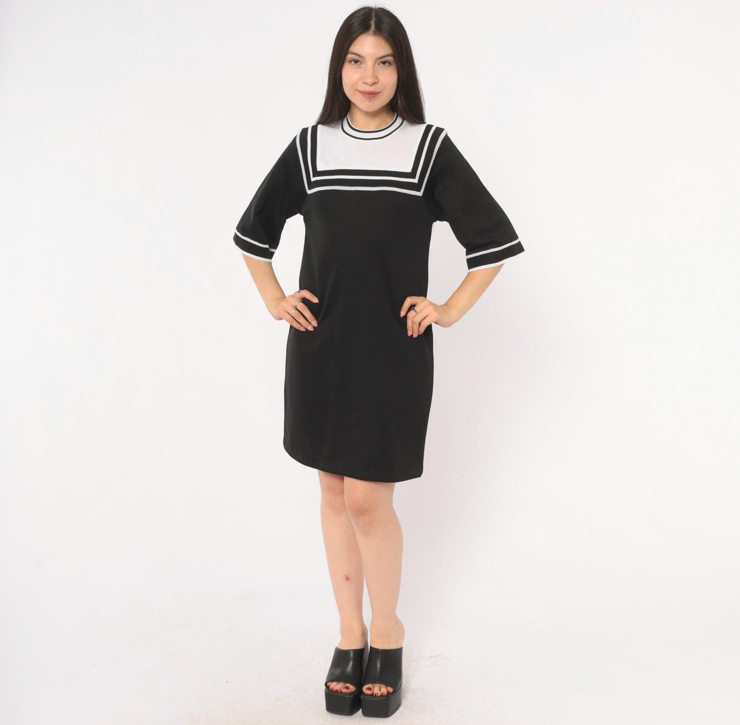 70s Roncelli Sailor Collar Knit Shift Dress Black White Mini Small
