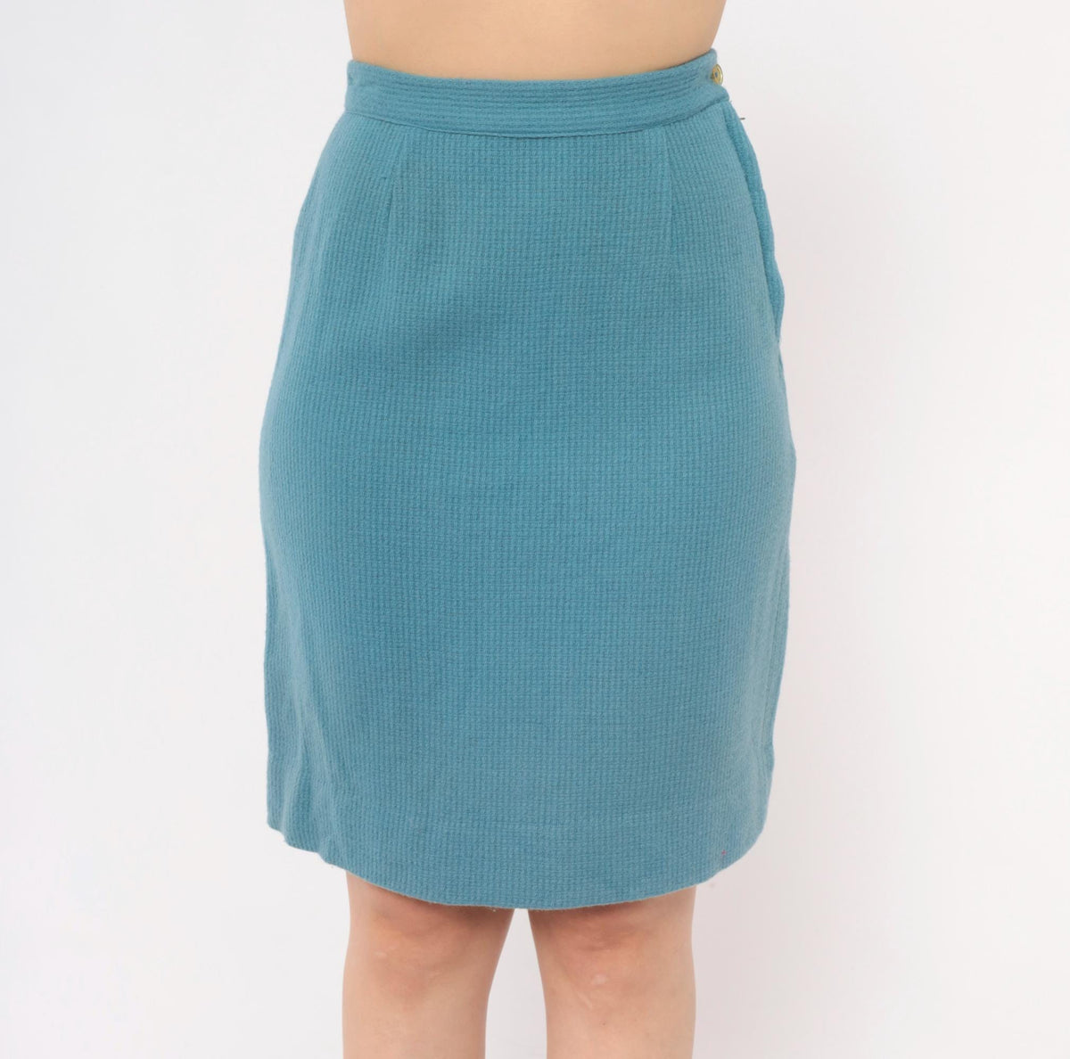 60s Dusty Blue Wool Pencil Skirt High Waist Side Zip Knee Length Extra Small XS