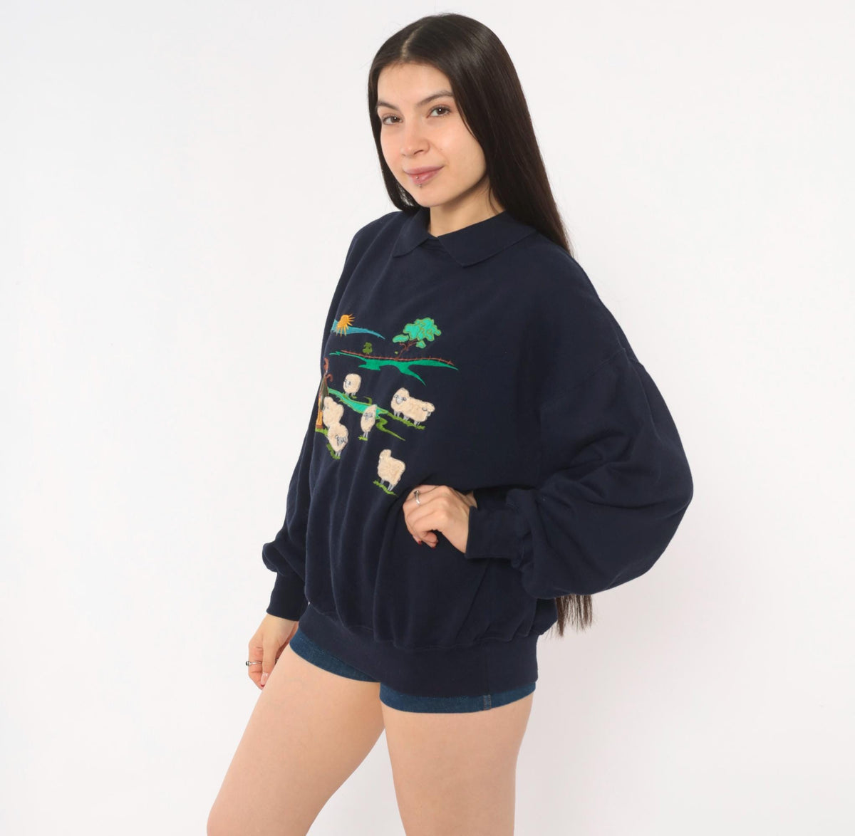 80s Tulchan Navy Collared Sweatshirt Embroidered Sheep Pastoral Scene Large L