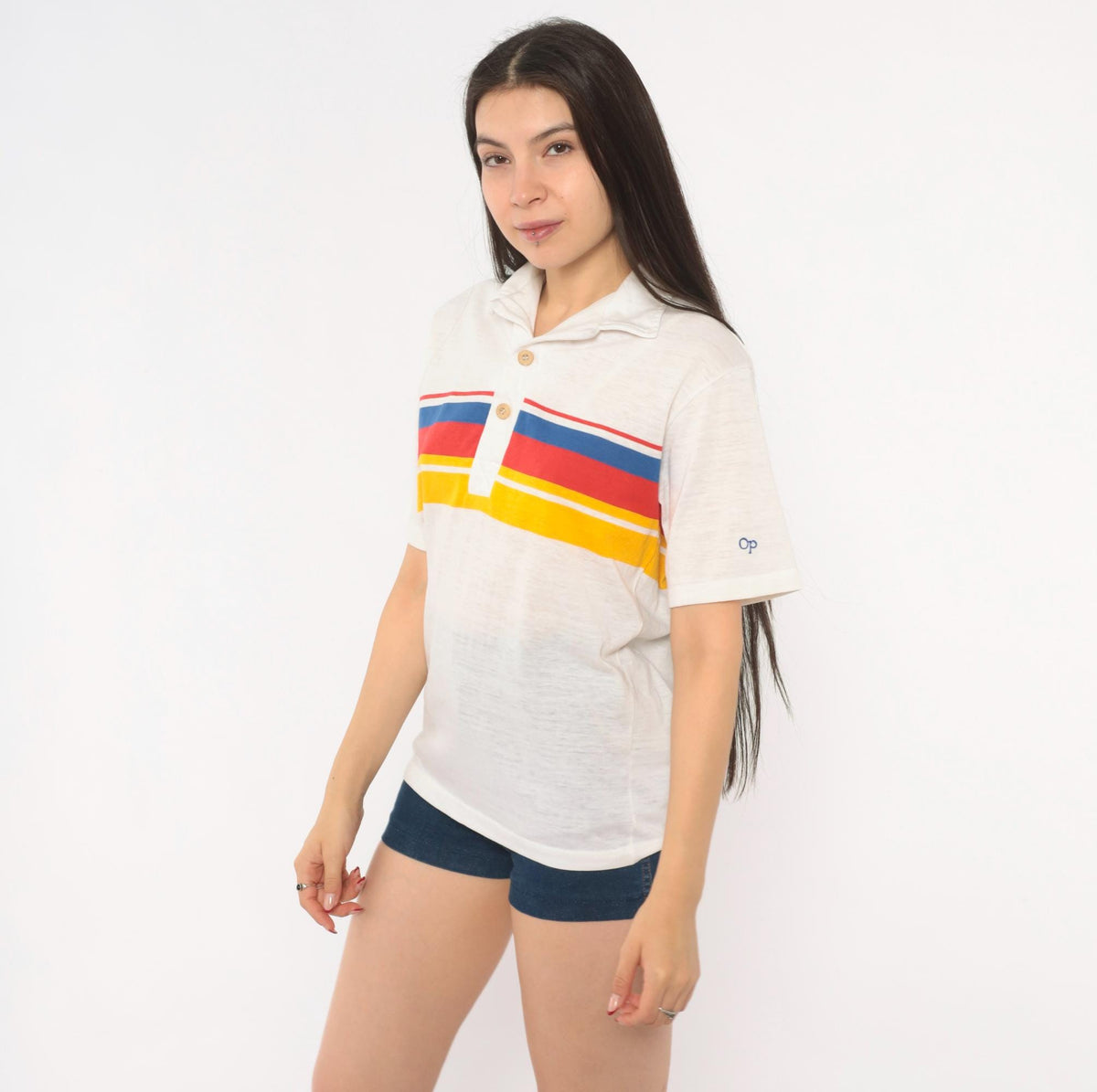 80s Ocean Pacific Polo Striped Chest Band Cotton Surf Collared Tee Small S