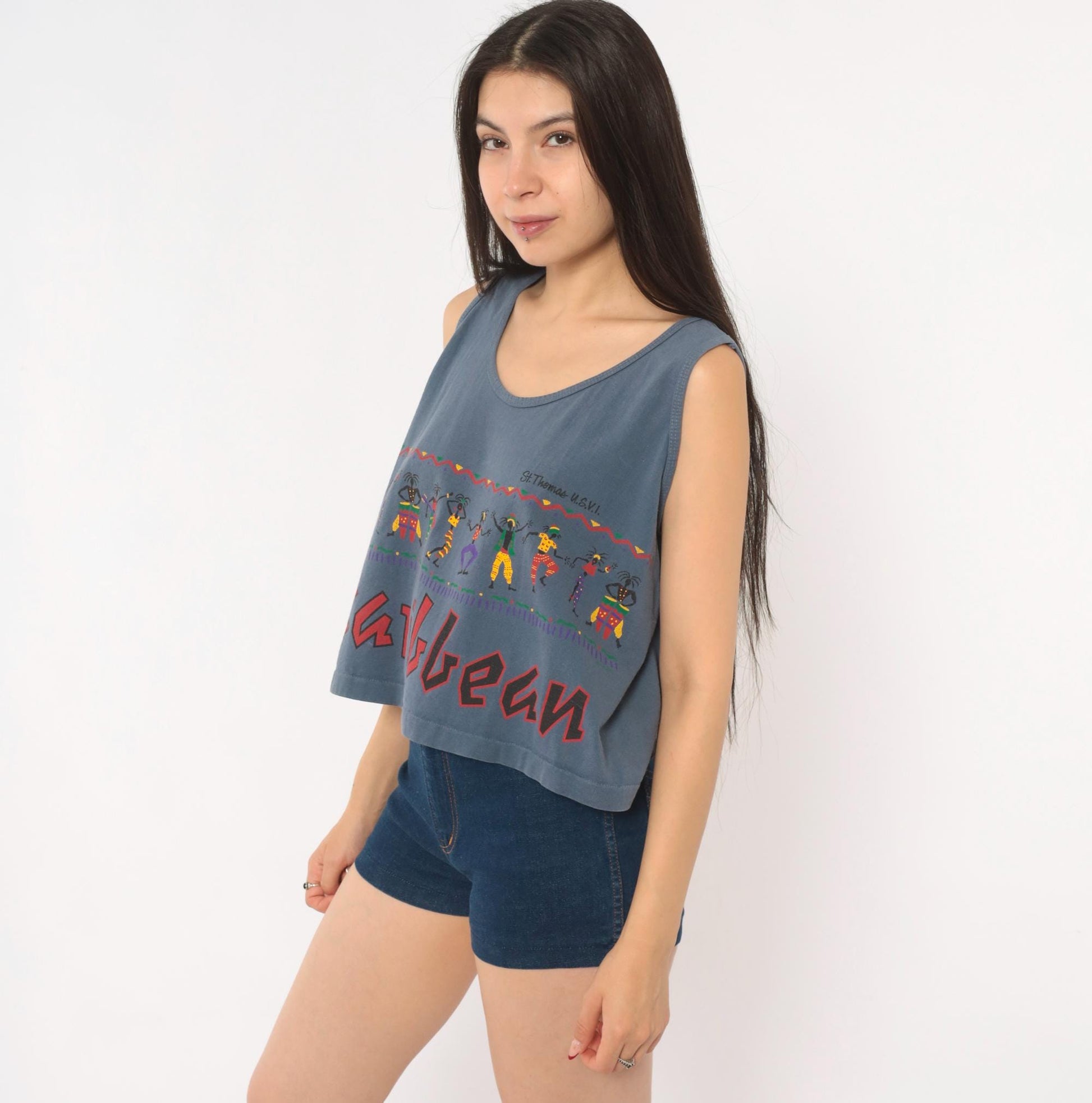 90s Alore Caribbean Dancer Crop Tank St Thomas Blue Cotton Medium