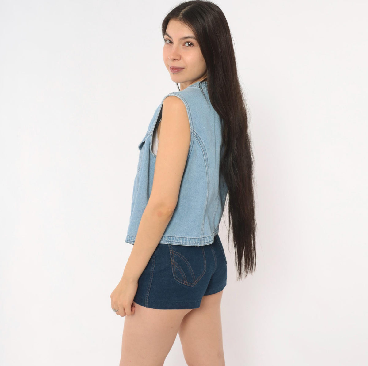 90s Light Blue Denim Vest Cotton Button Front Cropped Medium M