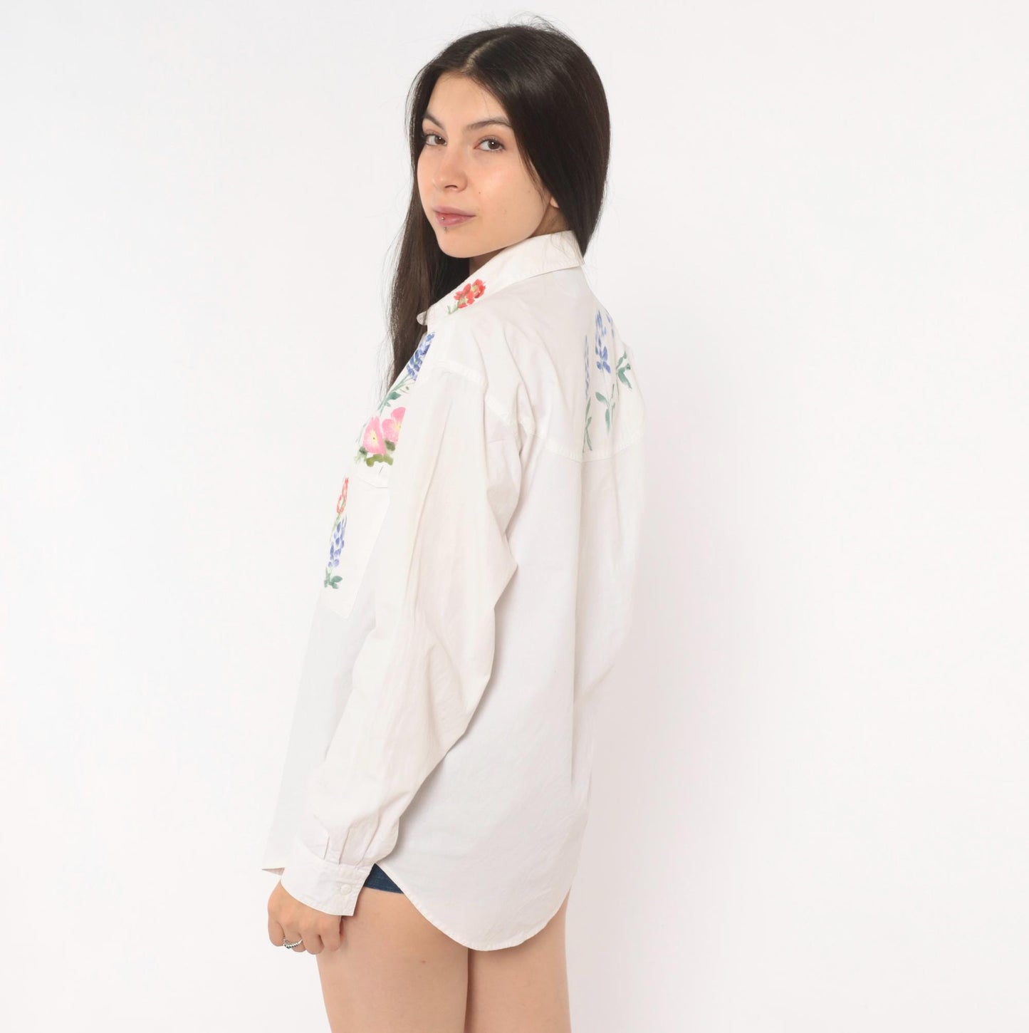 90s Ol' Paint Hand-Painted Wildflower Hummingbird White Cotton Button-Up Medium