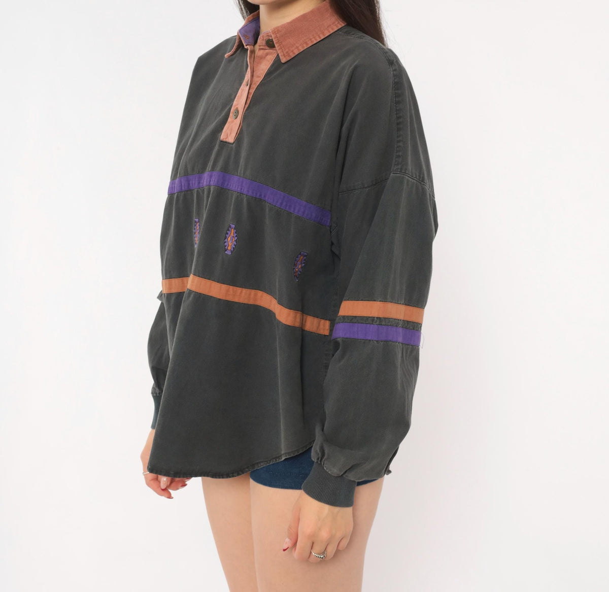 90s Roper Southwestern Rugby Polo Grey Purple Stripe Embroidered Medium M
