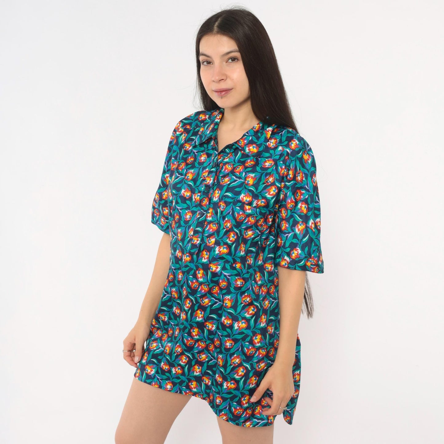 80s Josephine Floral Print Shirt Navy Tulip Blouse Collared Large L