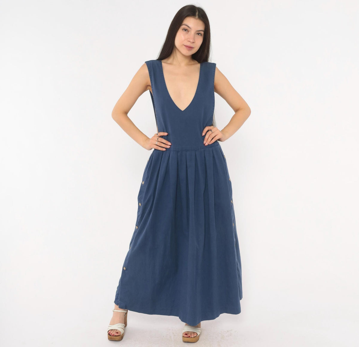 80s Fenwick Navy Cotton Jumper Dress Deep V Maxi Pleated Medium M