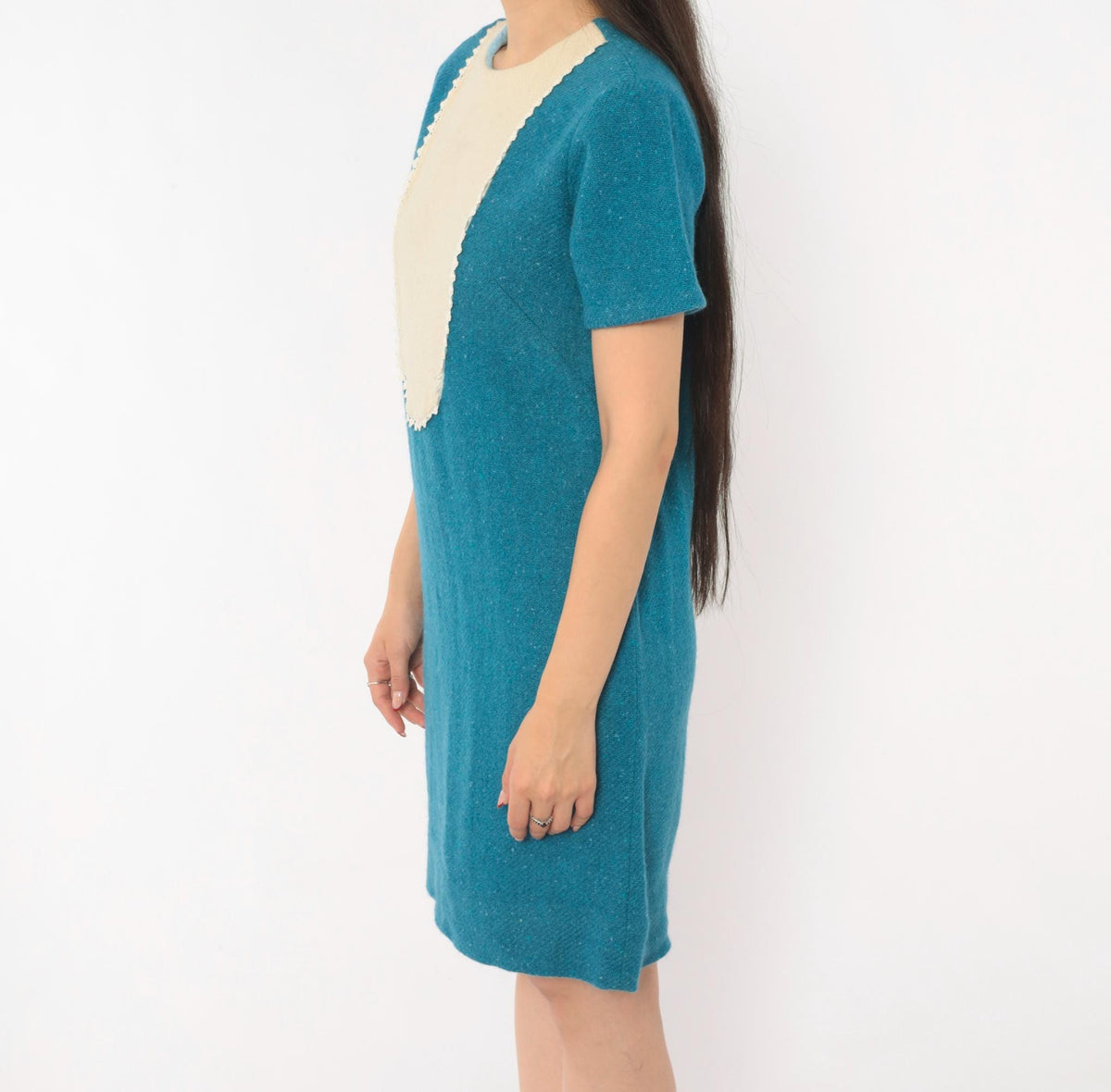 1960s Teal Wool Shift Dress Cream Bib Panel Lace Trim Knee Length Small