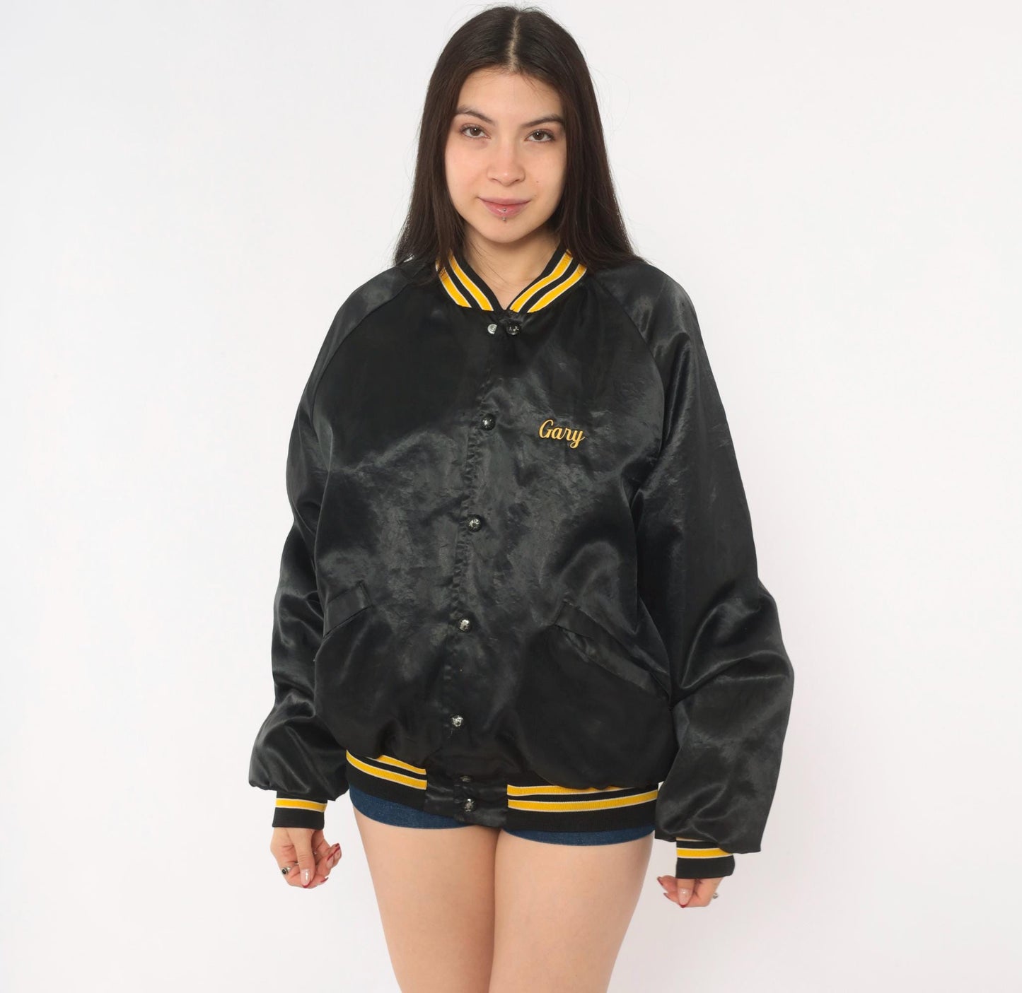80s King Louie Pro Fit Wyoming Welding Satin Bomber Jacket Black Gold Large L