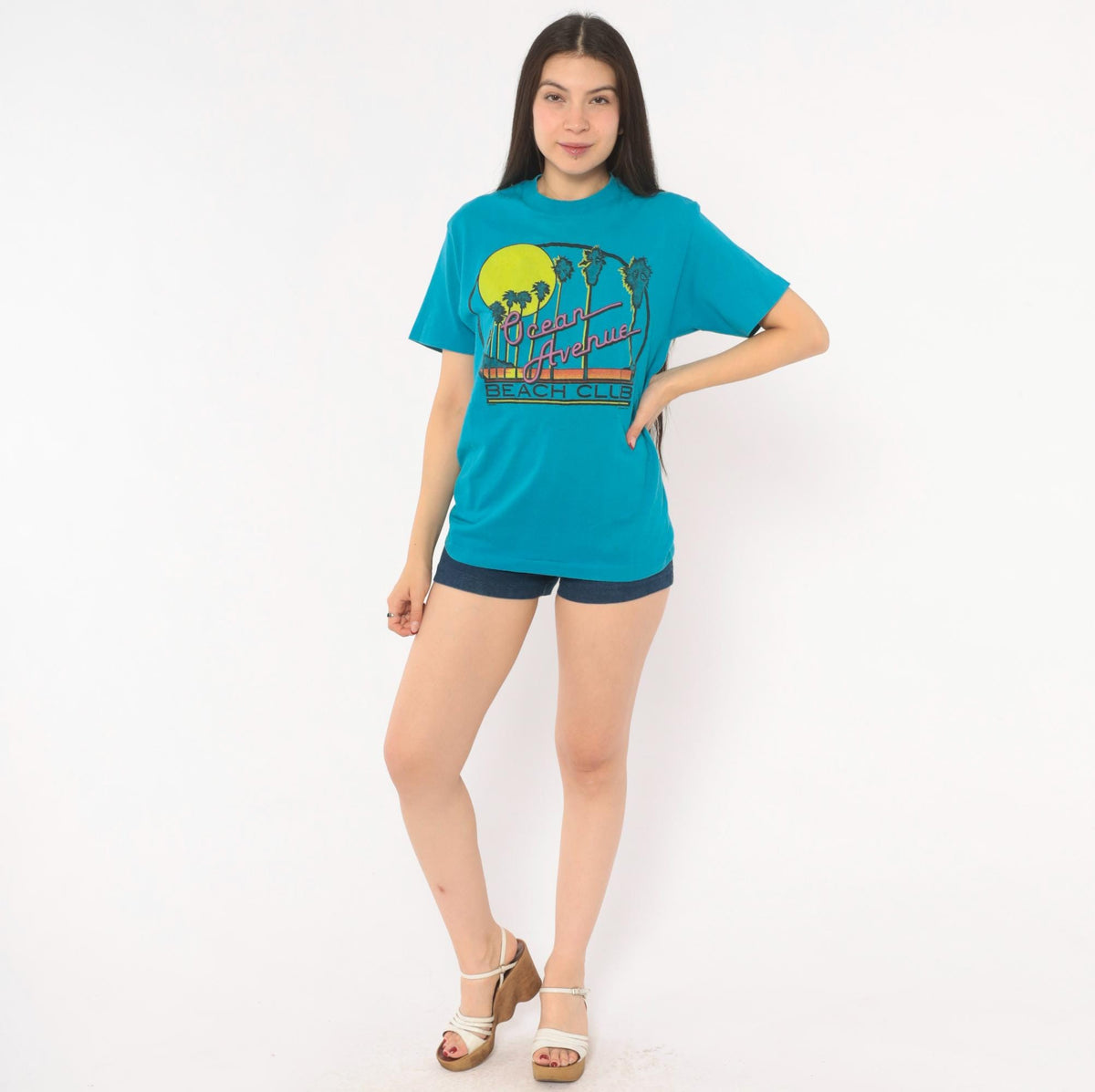 80s Chemise D'Sol Ocean Avenue Beach Club Teal Graphic Tee Palm Tree Sunset Small