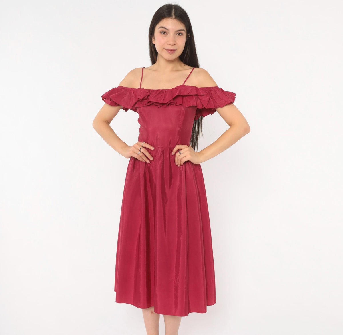 80s Raspberry Off-Shoulder Midi Dress Ruffle Gathered Skirt Extra Small