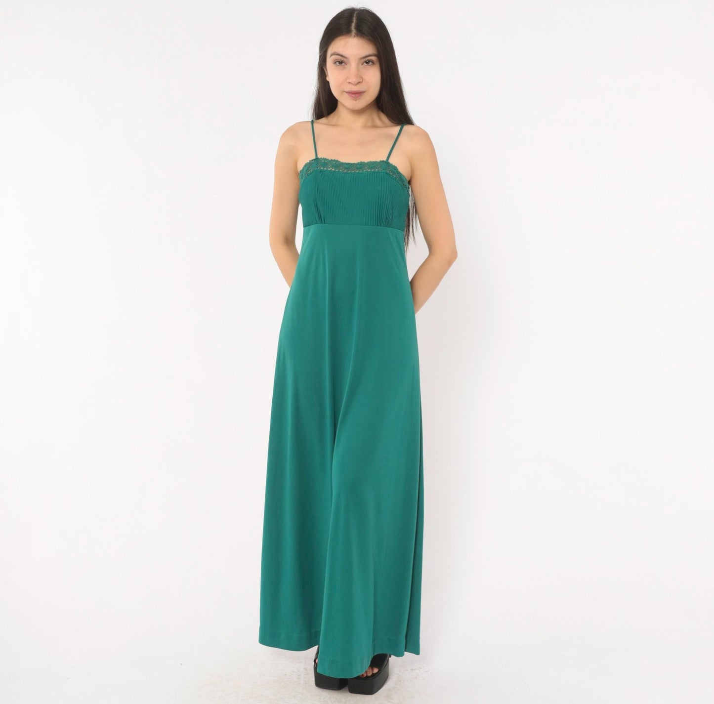 70s Teal Crochet Lace Maxi Dress Empire Waist Spaghetti Strap Extra Small