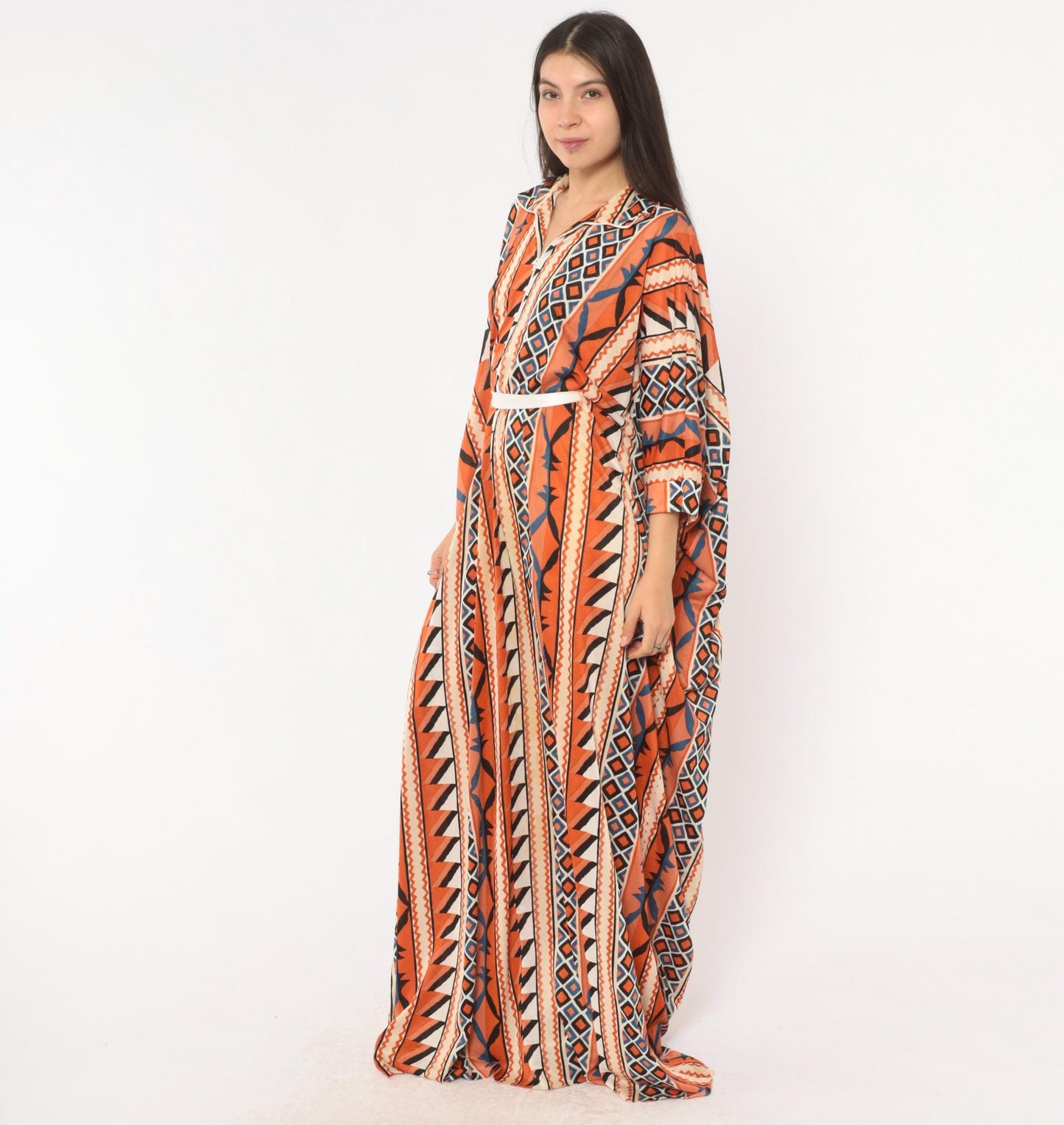 70s Le Voys Aztec Caftan Maxi Dress Orange Cream Blue Geometric Tribal Stripe One Size